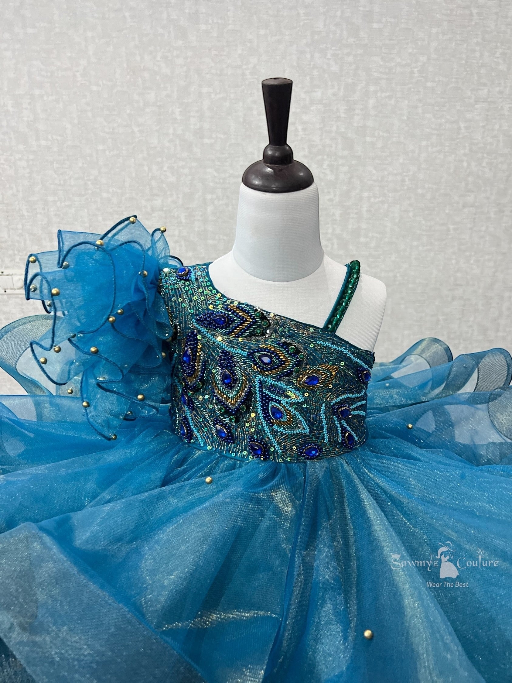 Oceanic Peacock Jewel One-Shoulder Ruffle Princess Designer Dress