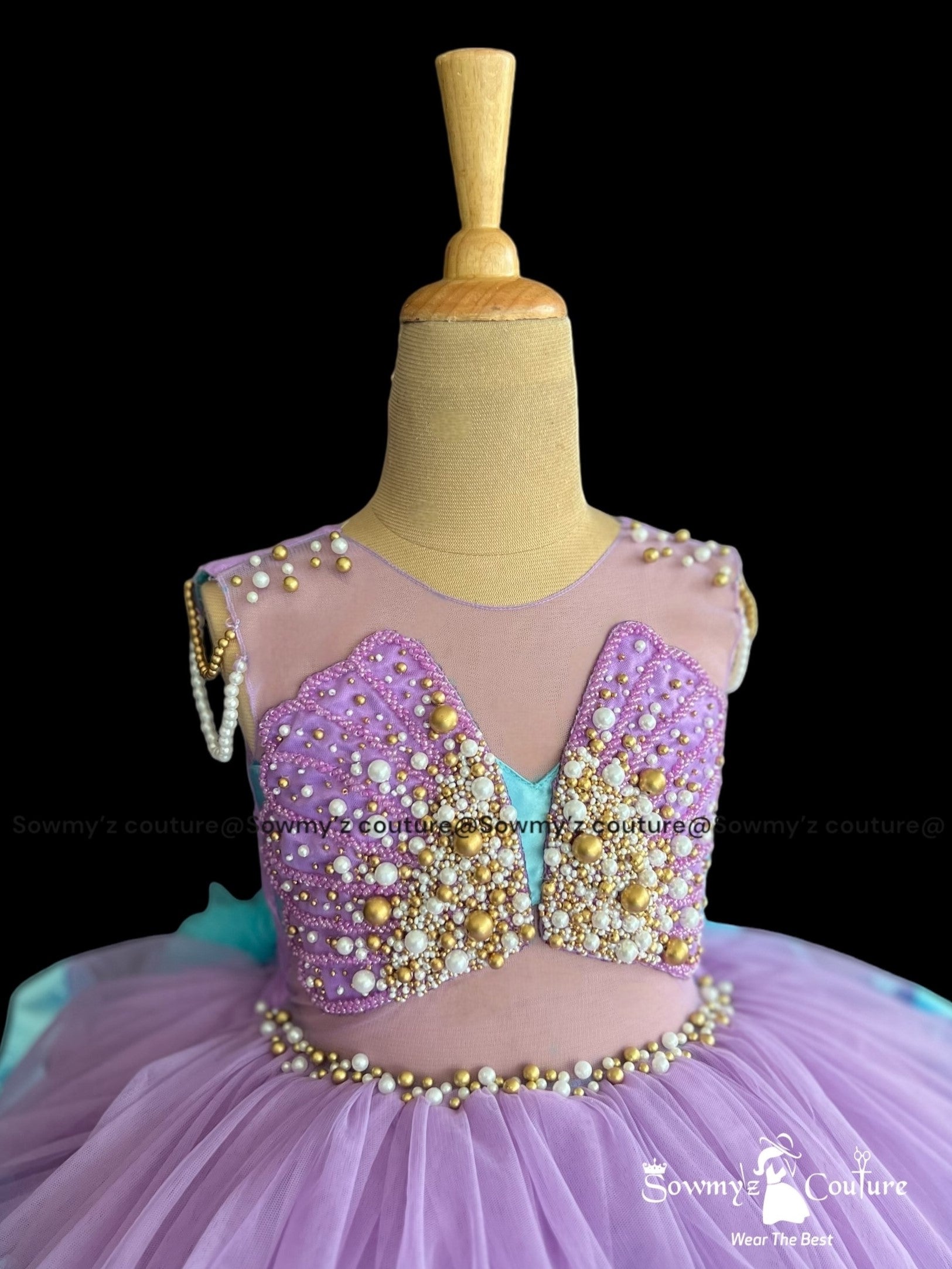 Lavender Sky Aurora Pearl-Embellished Ruffle Ball Gown Dress