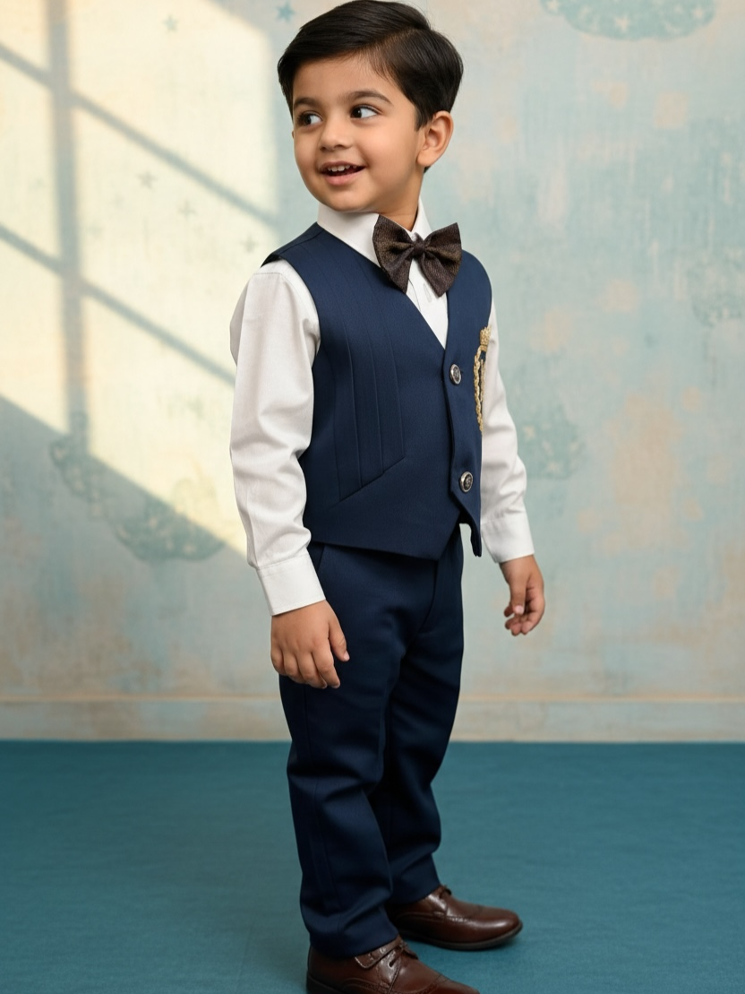 Blue waist Coat With Pleats Detailing comes with Pant, Shirt and Bow