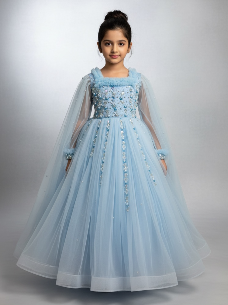 Frozen Sky Elegance Hand-Embellished Royal Princess Gown