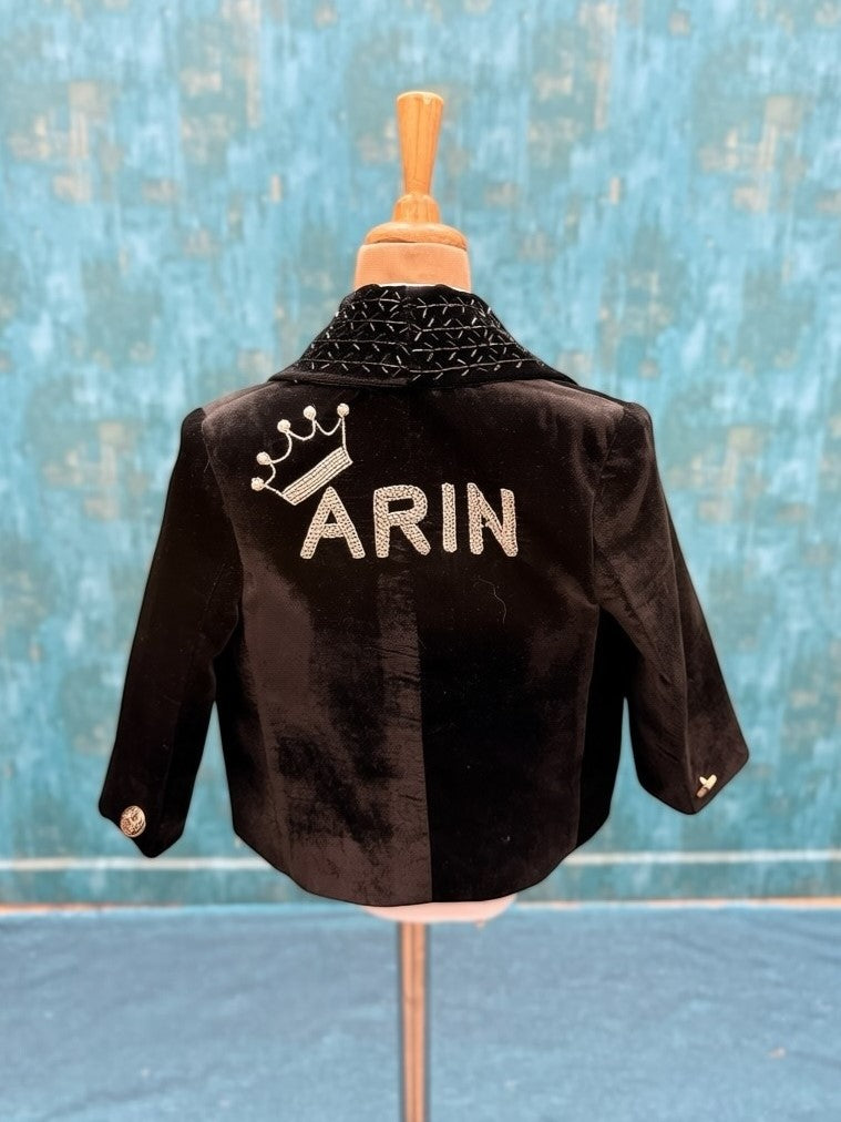 Royal Black Velvet Hand-Embroidered Blazer with Your Little One’s Name