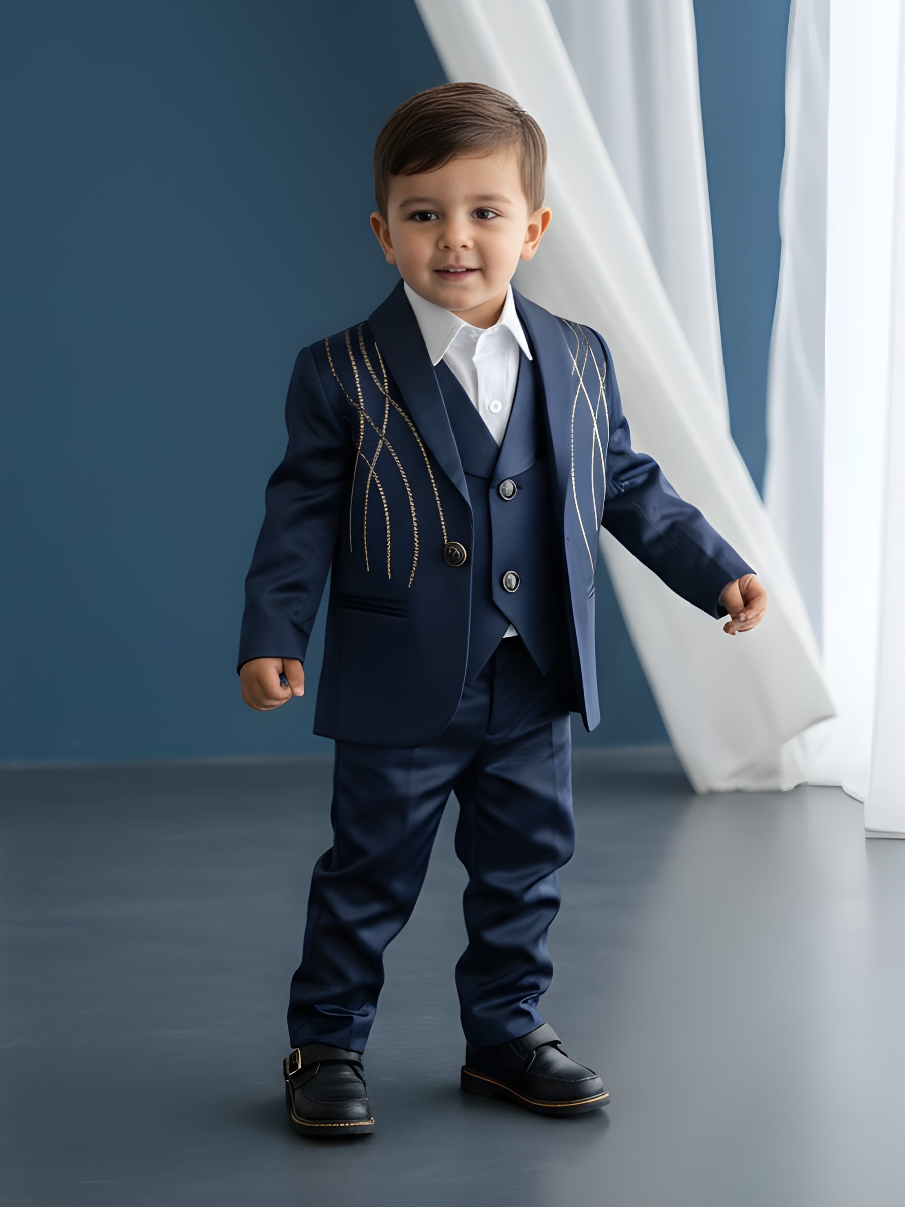 Navy Blue Embroidered Blazer with Waist Coat, Pant and Shirt