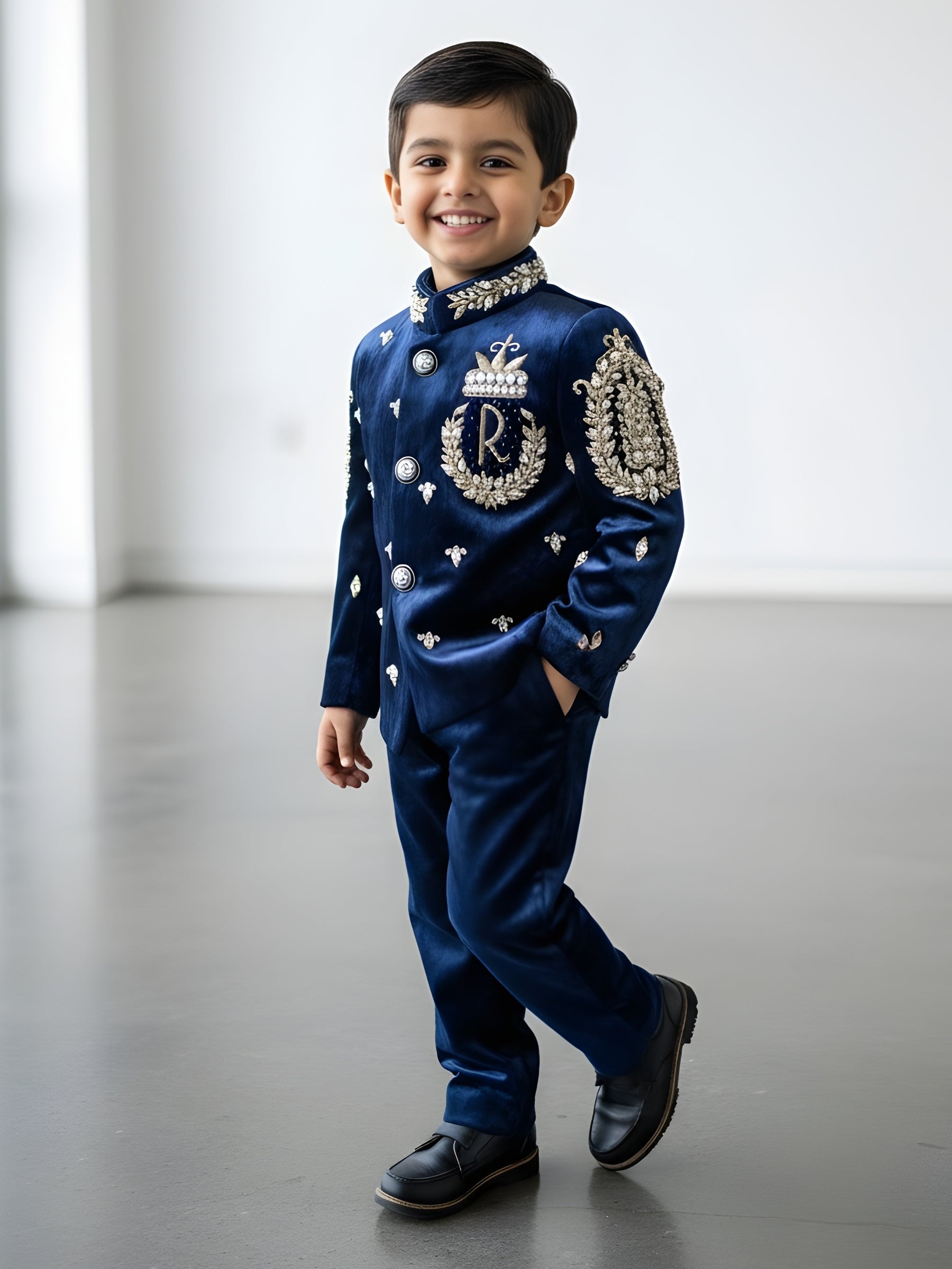 Navy blue Velvet Jodhpuri Style Gold Embroidered set with Pant