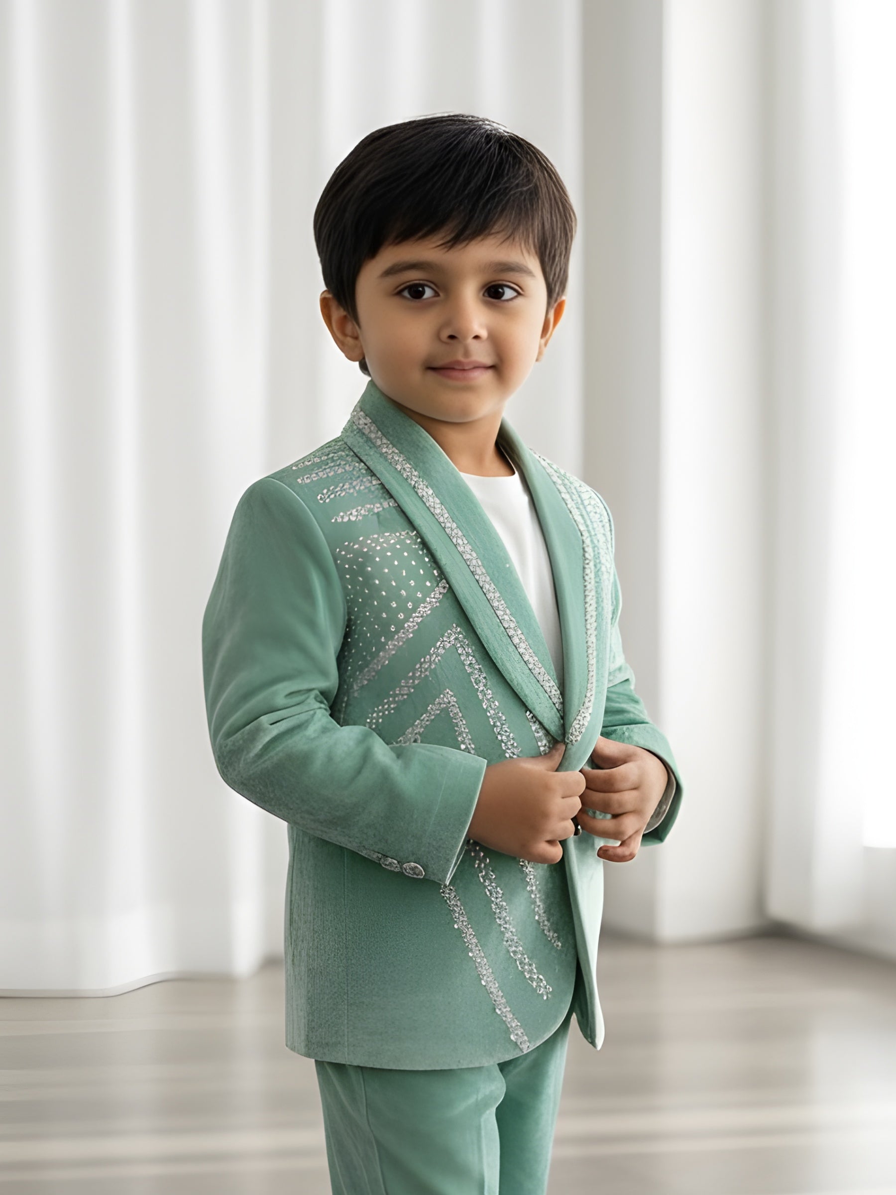 Teal Color Silver Embroidered Blazer with Pant and Shirt