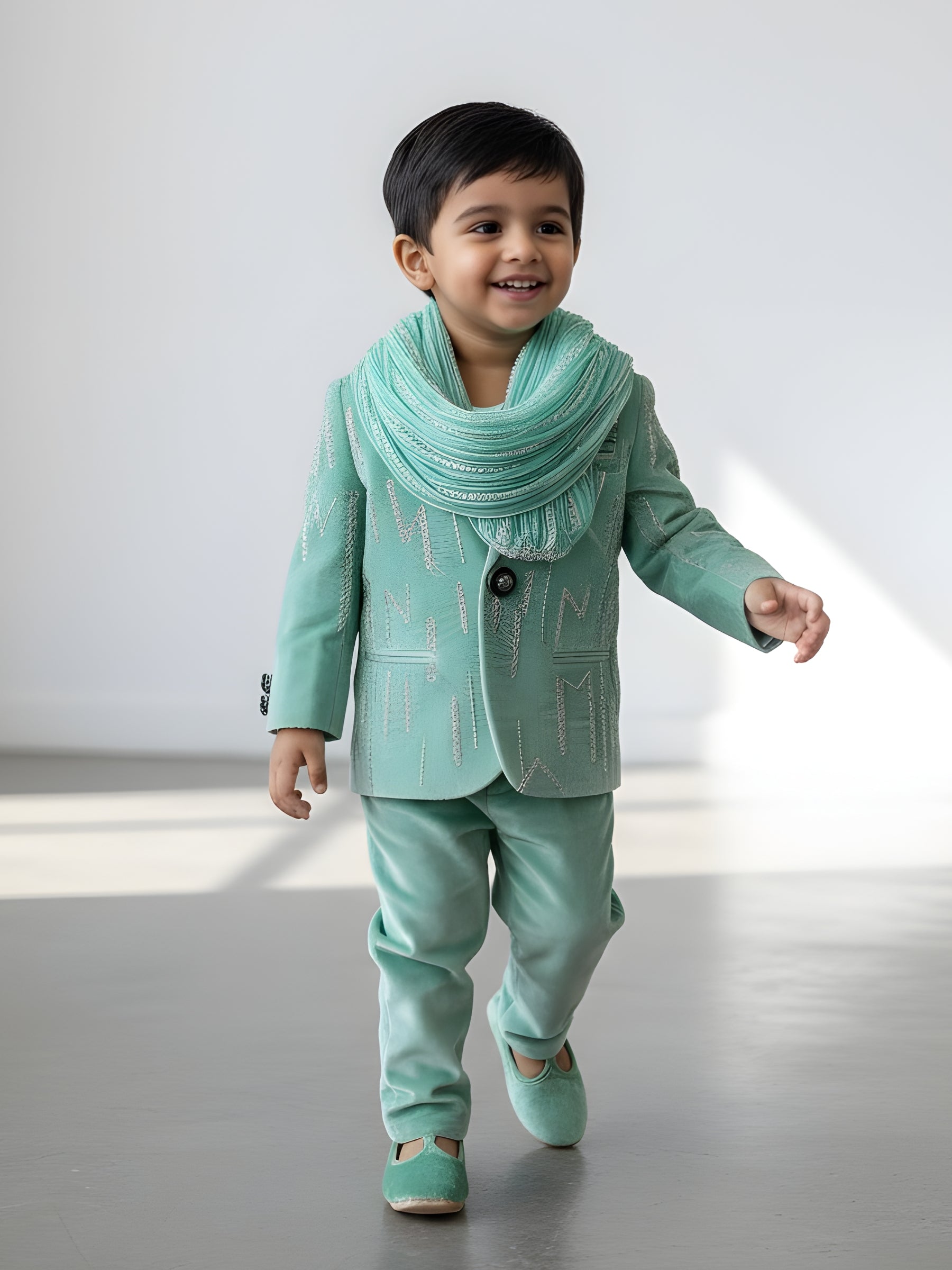 Teal Structured Shawl Patterned Hand Embroidered Blazer with Pant and Shirt