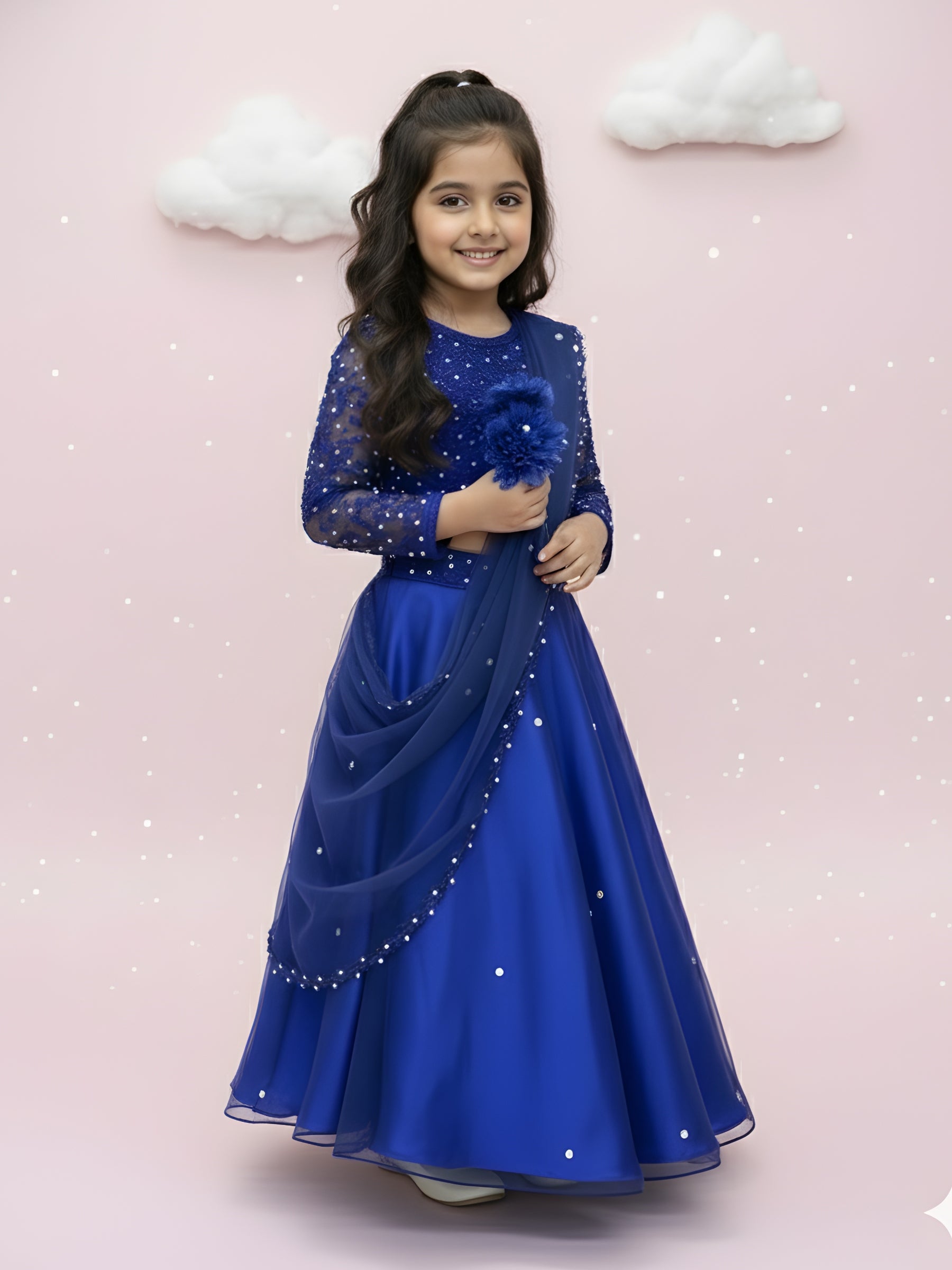 Girls Party Wear Online, Royal Blue Embroidered Lehenga