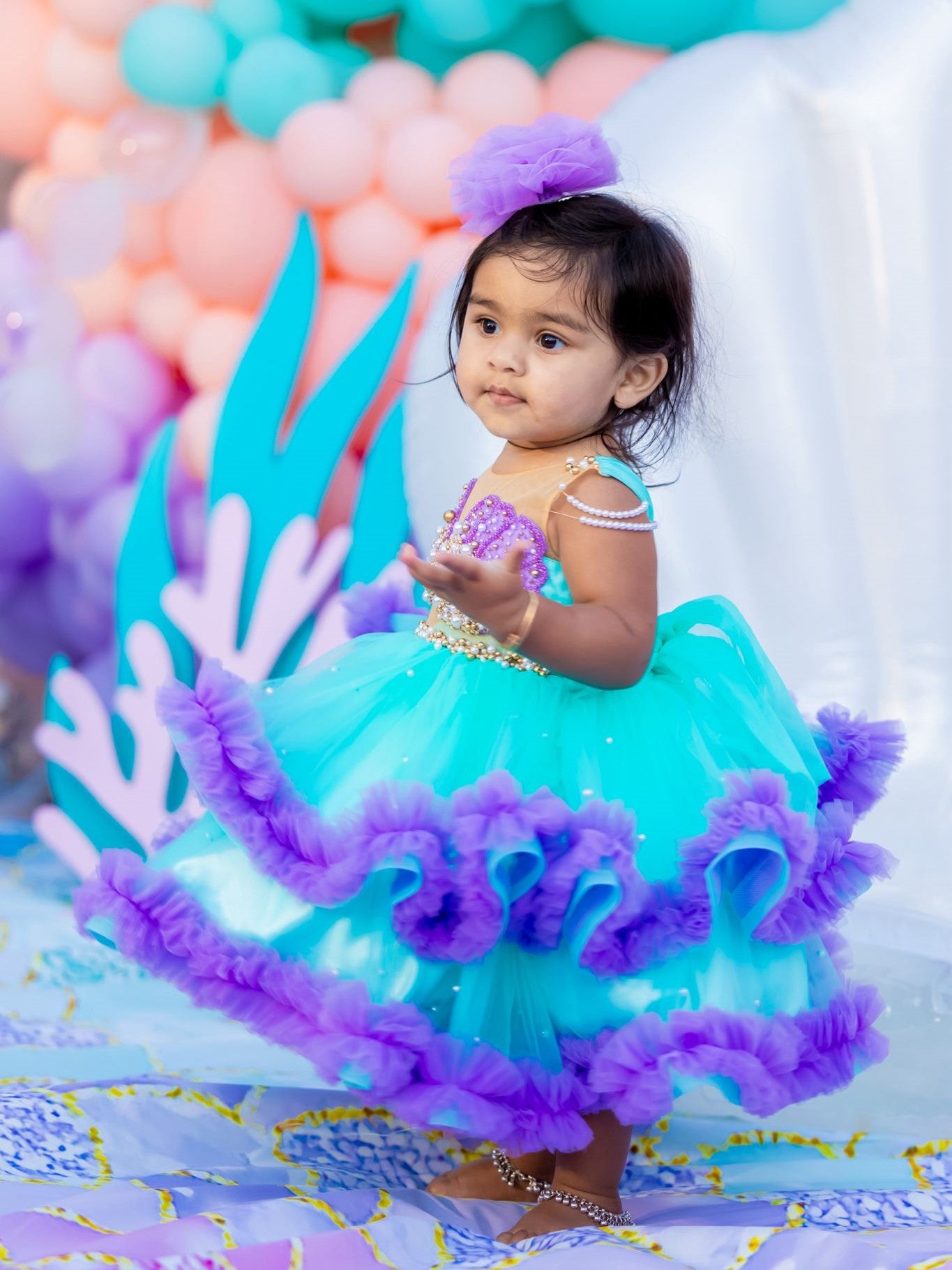 Turquoise And Lavender Mermaid Gown With Ruffle Layers