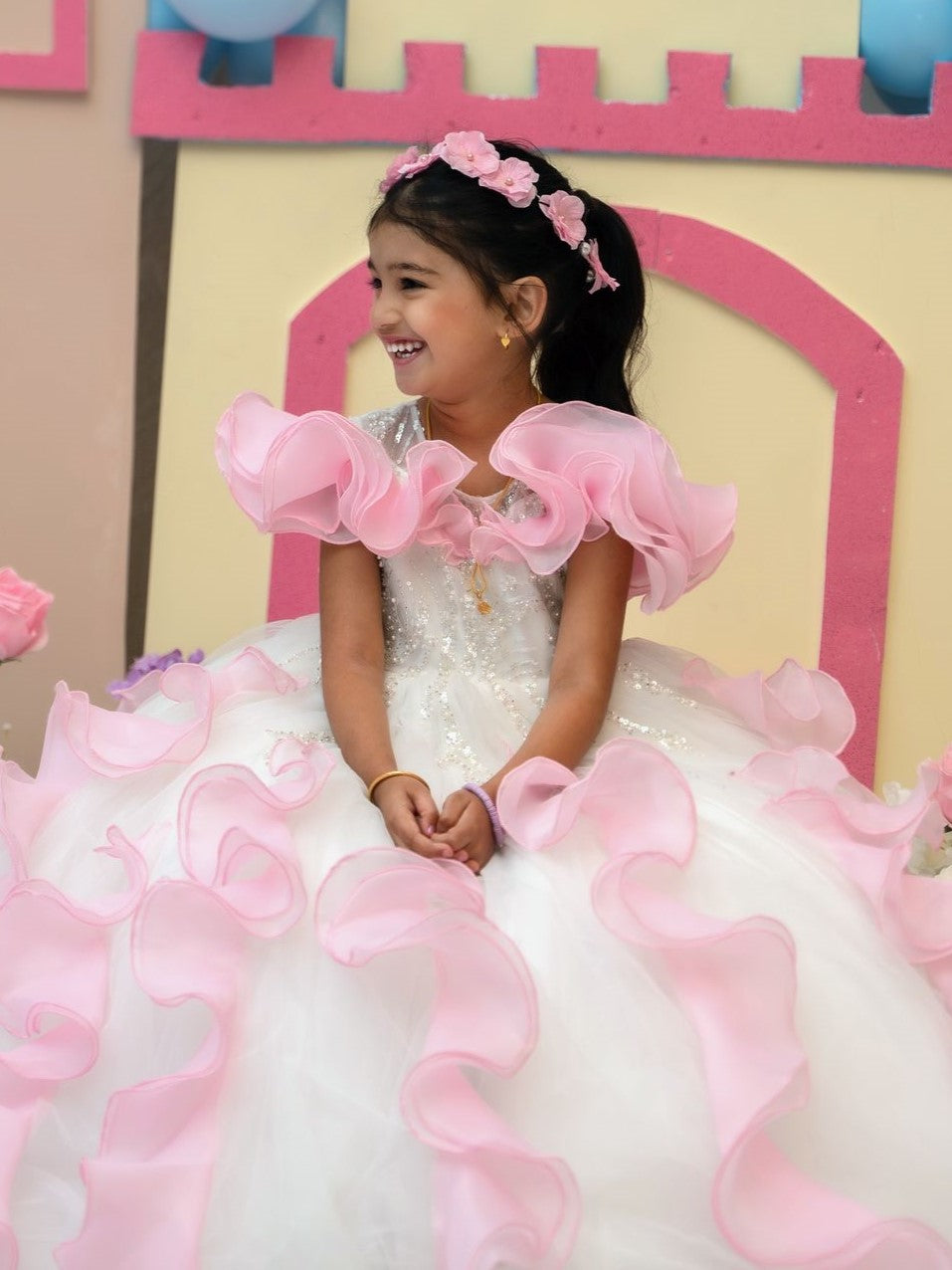 white and pink organza fairy ball gown swirl sleeves
