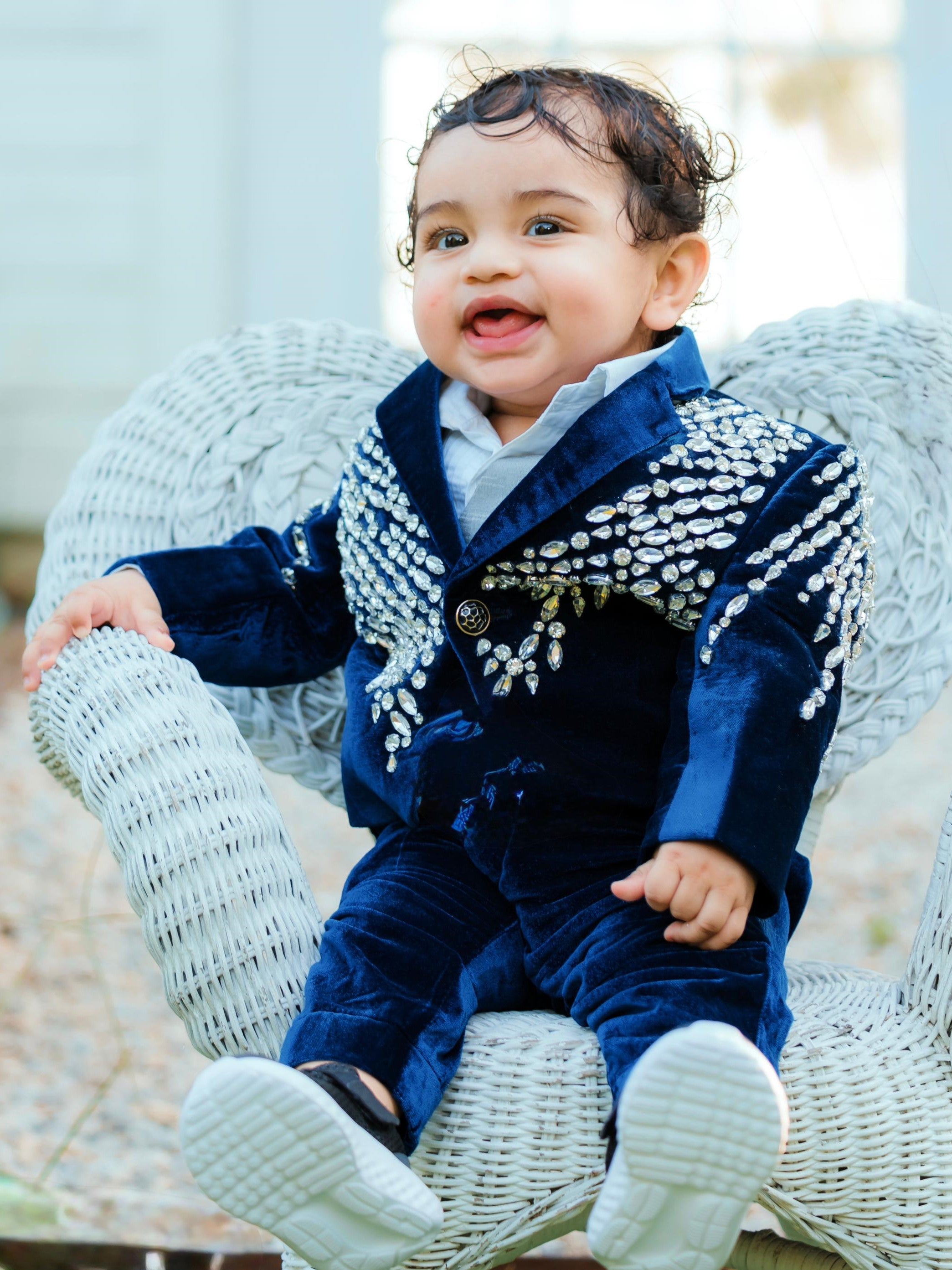 Deep Blue Velvet Crystal Cascade Designer Evening Blazer Suit