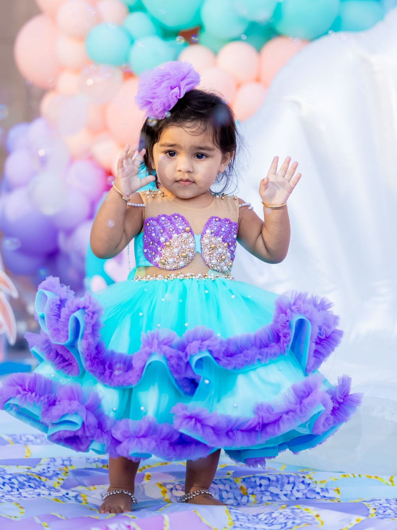 Turquoise And Lavender Mermaid Gown With Ruffle Layers