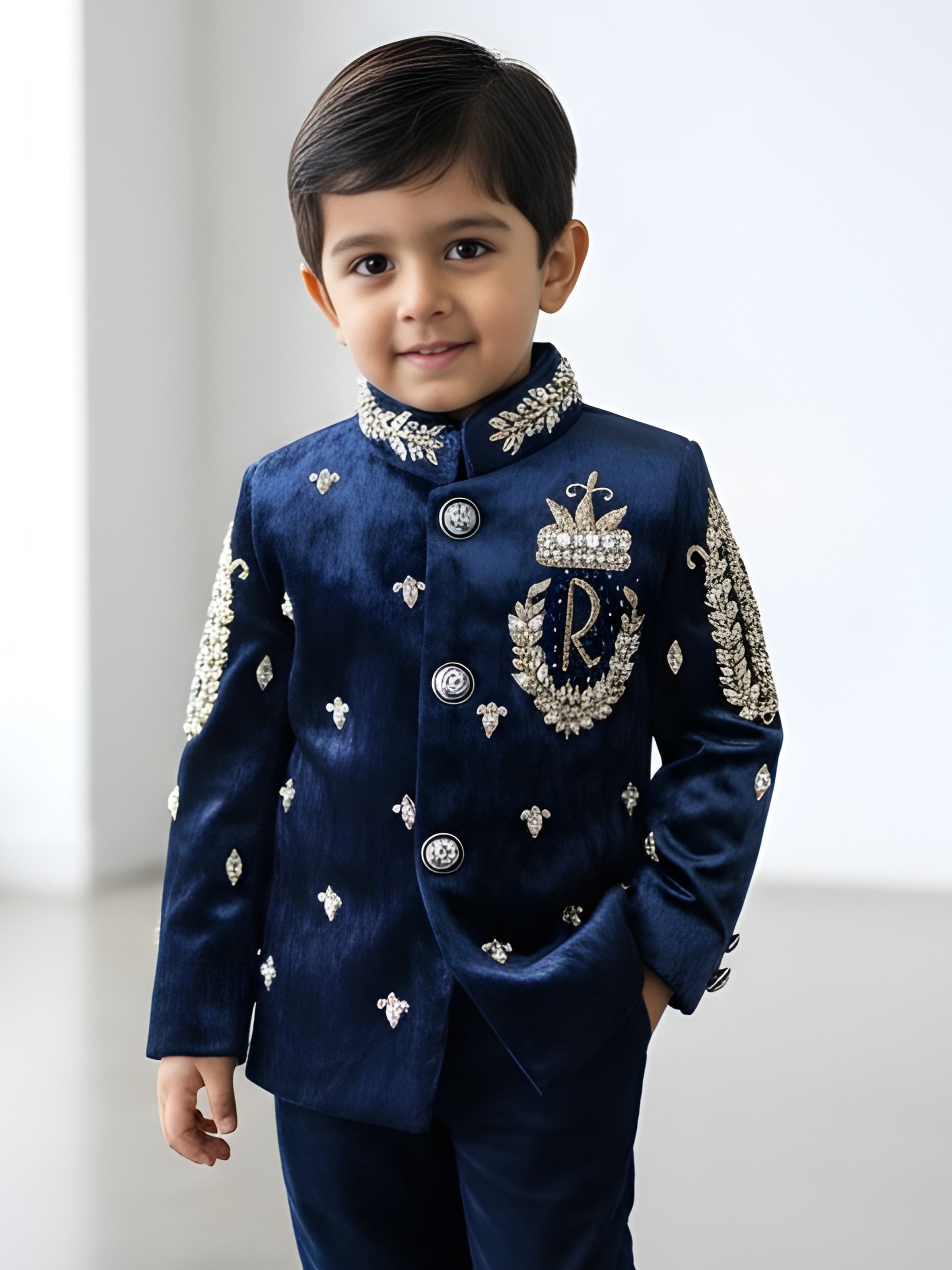 Navy blue Velvet Jodhpuri Style Gold Embroidered set with Pant