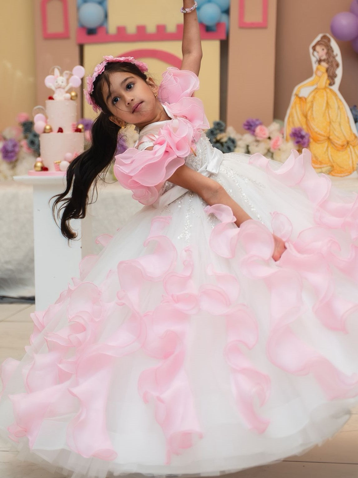 white and pink organza fairy ball gown swirl sleeves