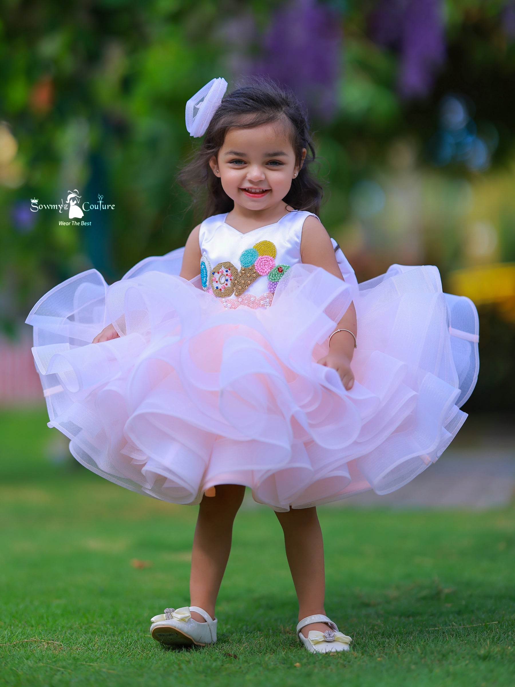 Peach and White Candy Theme Ruffle Knee Length Gown