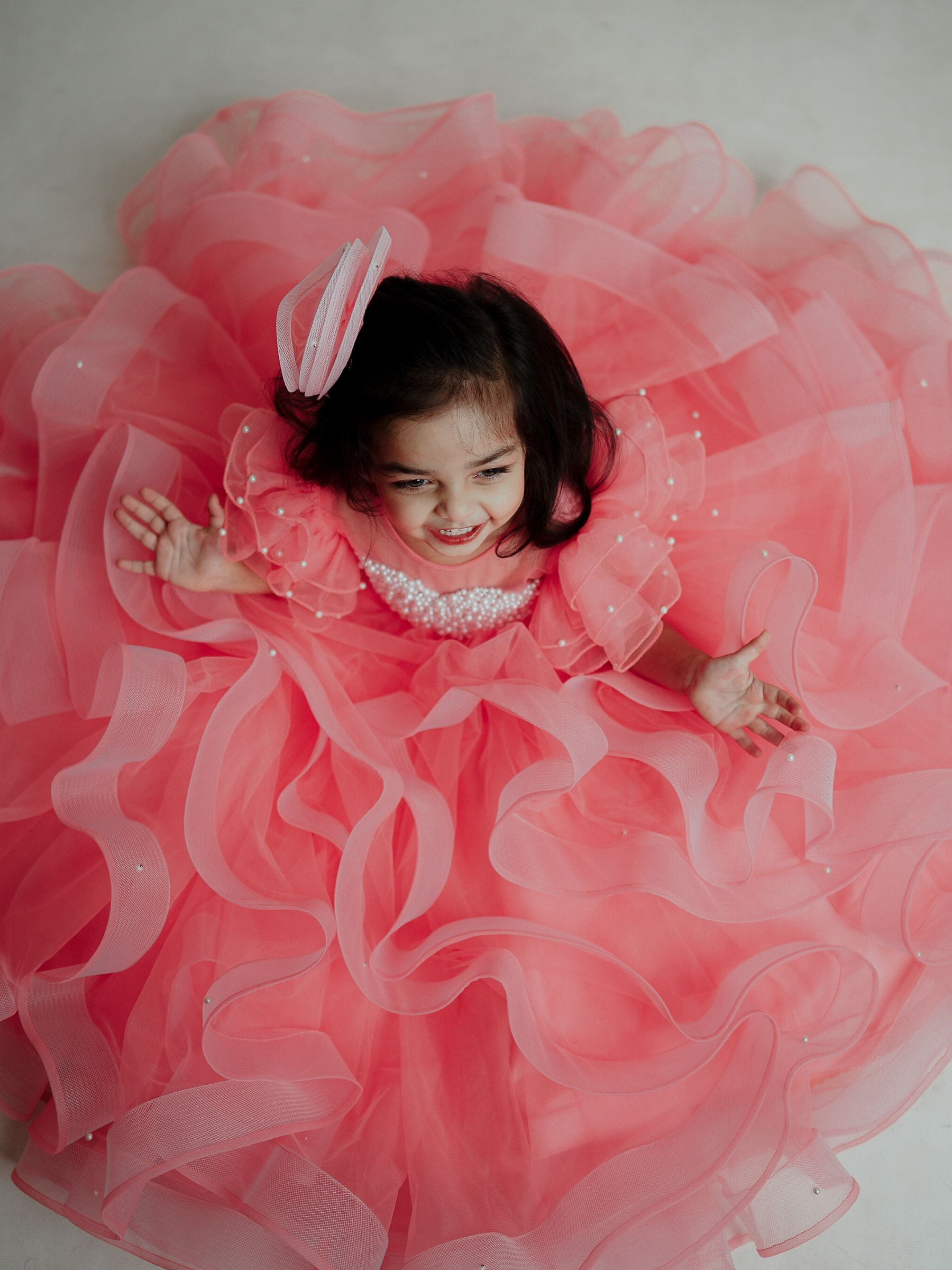 Ruffle Ball Gown With Pearl Hand Embroidered Bodice