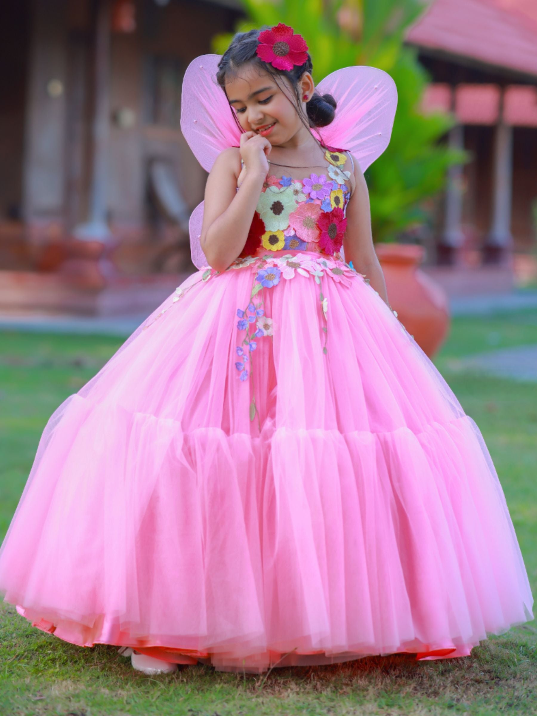 Peach Fairy Garden Floral Ball gown With Butterfly Wings
