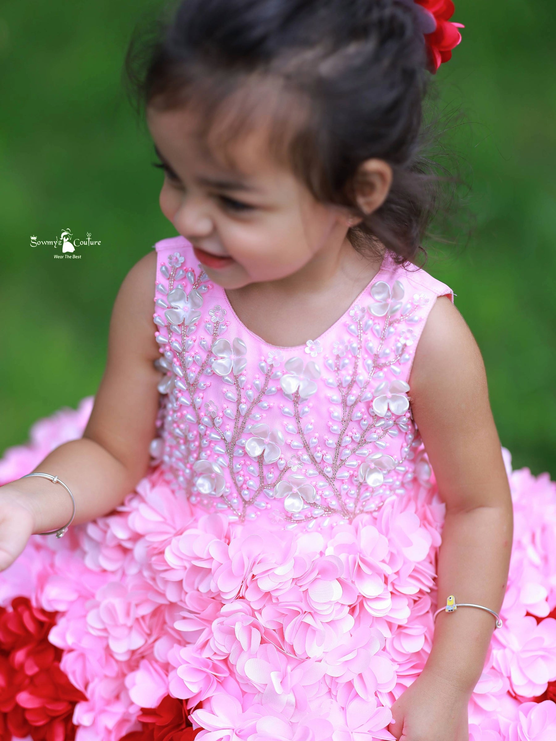 Ombre 3D Floral Embroidered Knee Length Gown