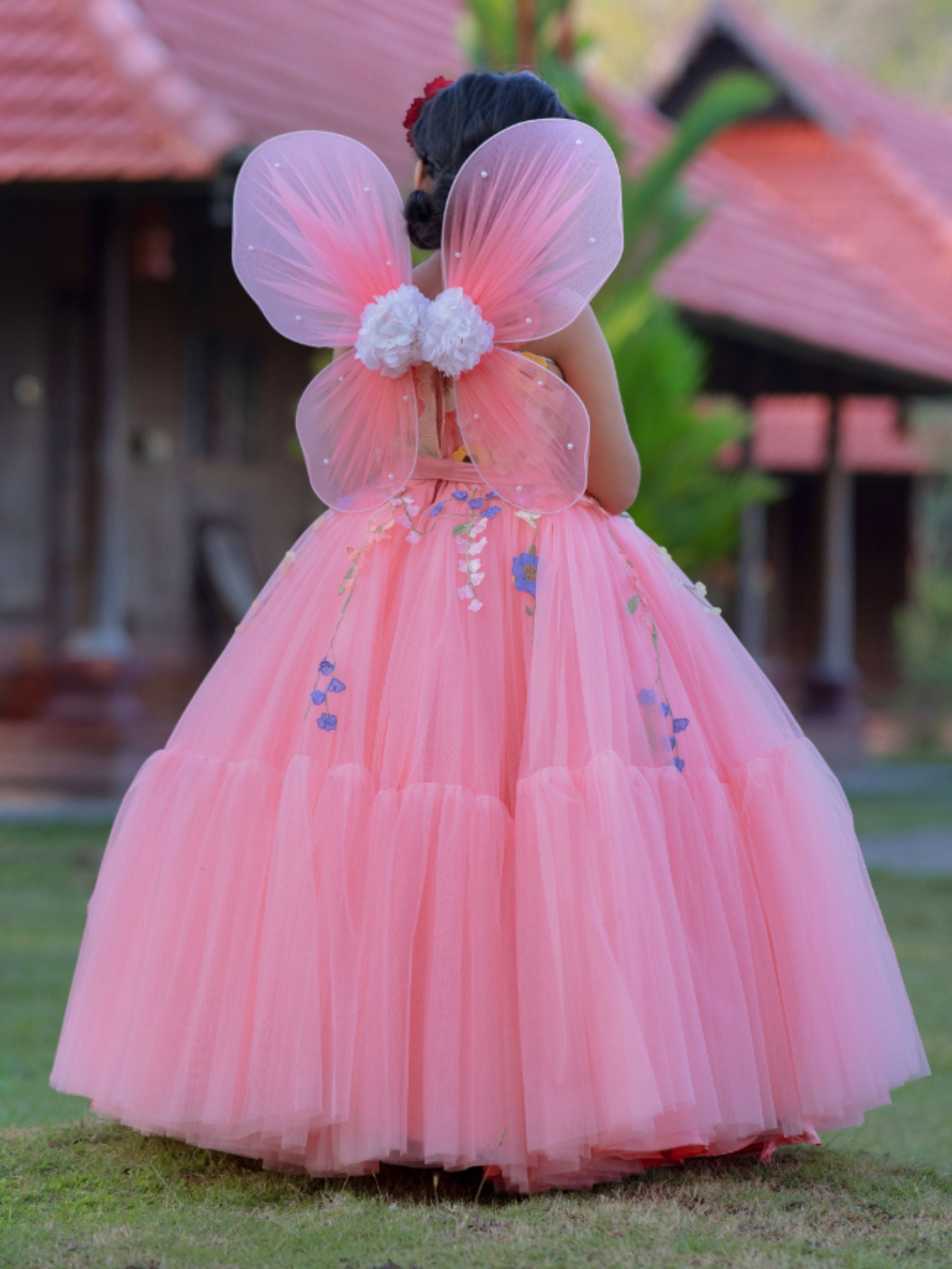 Peach Fairy Garden Floral Ball gown With Butterfly Wings
