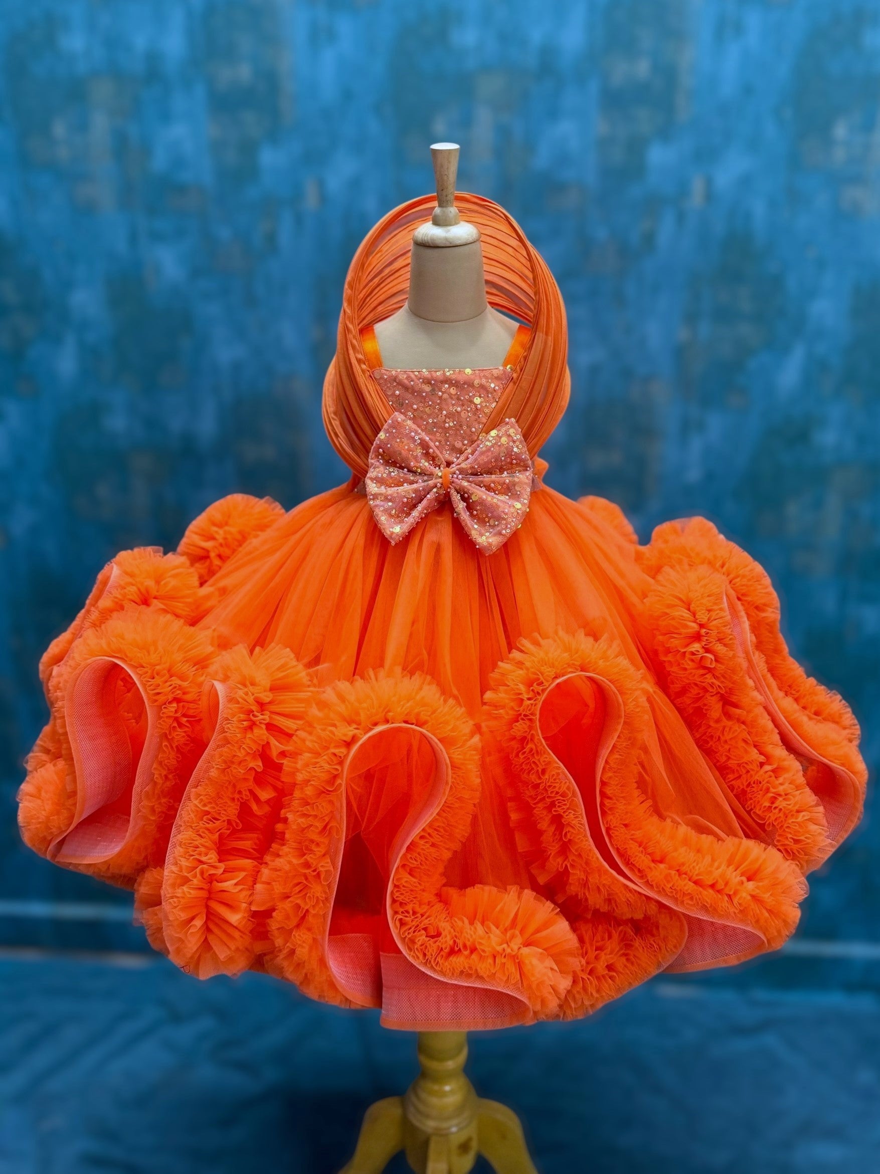 orange uneven embossing ruffle dreamy ball gown