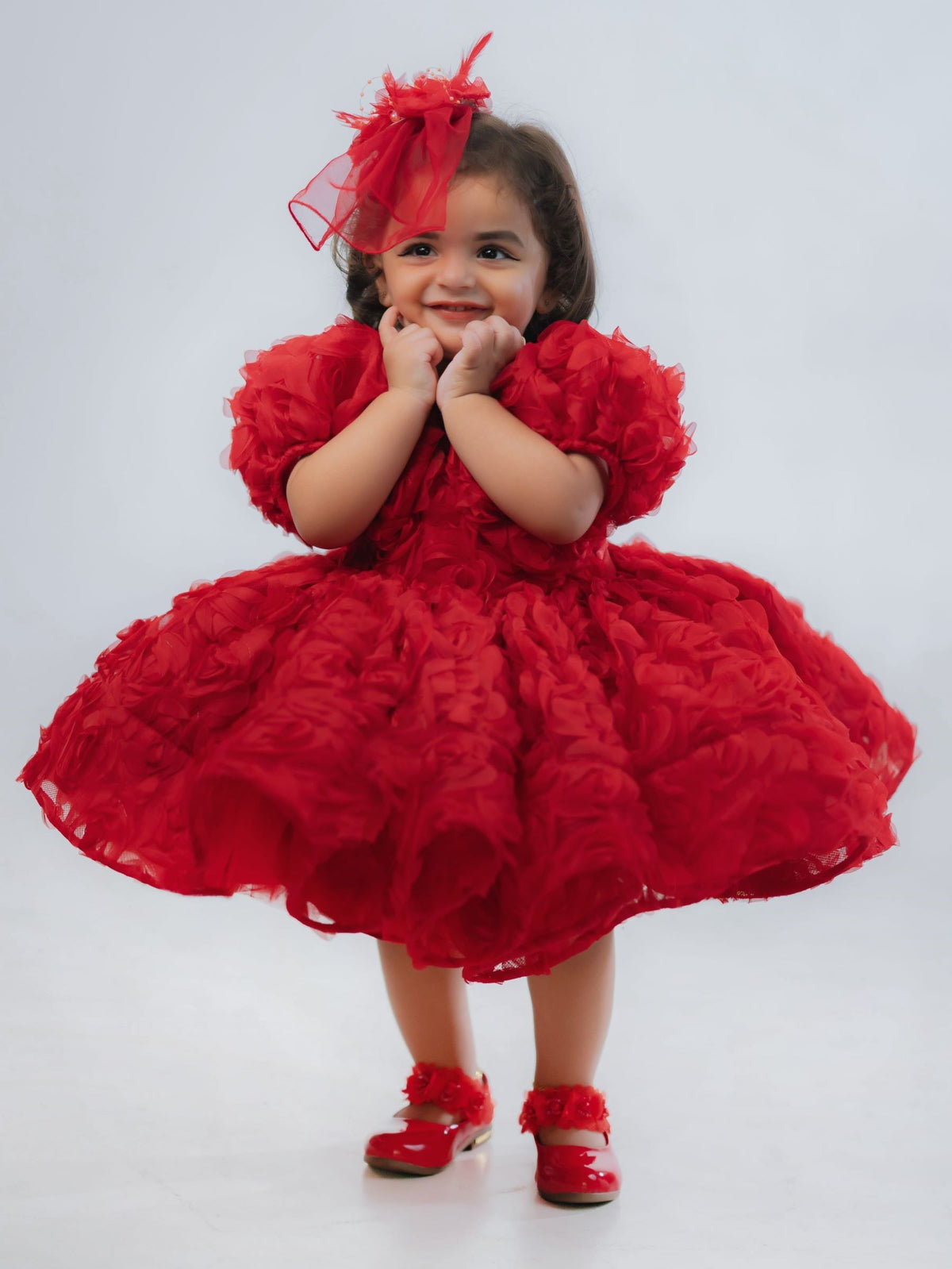 Ruby Micro-Rosette Couture Puff-Sleeve Gown
