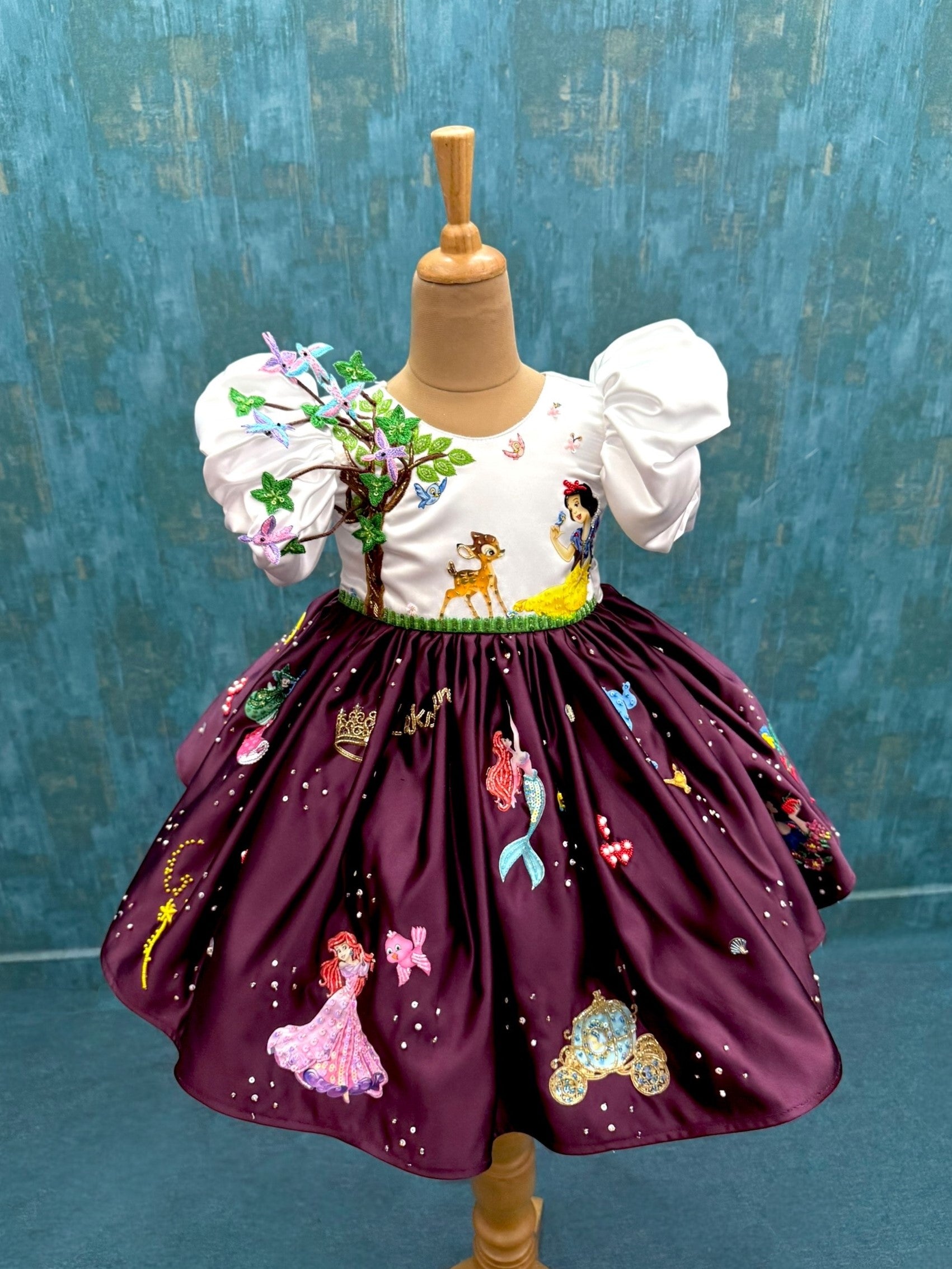 WHITE AND WINE DISNEY BALL GOWN WITH HAND EMBROIDERED CHARACTERS
