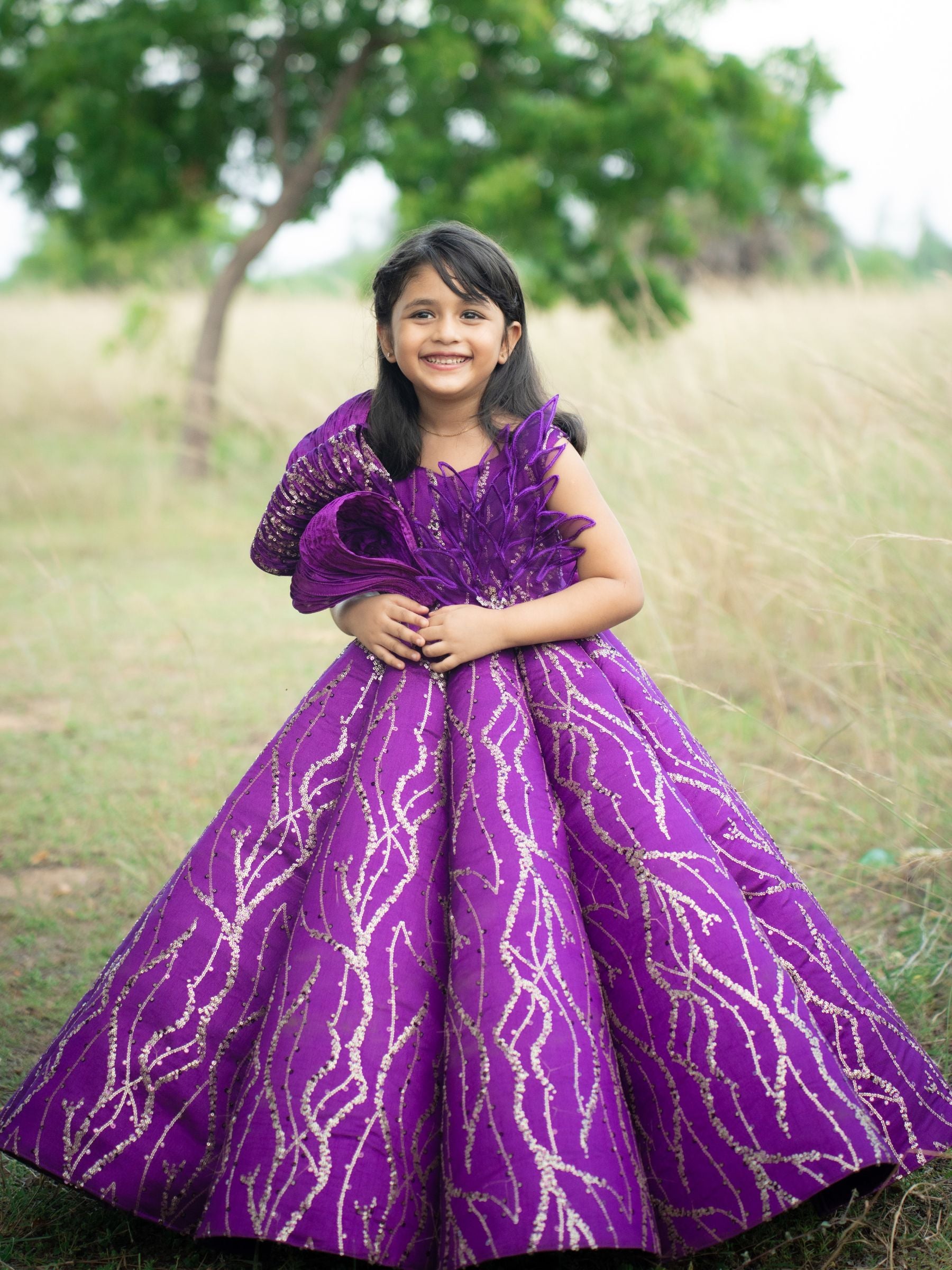 Purple Structured Panel Ball Gown with Embossing Bows and Hand Embroidered Petals