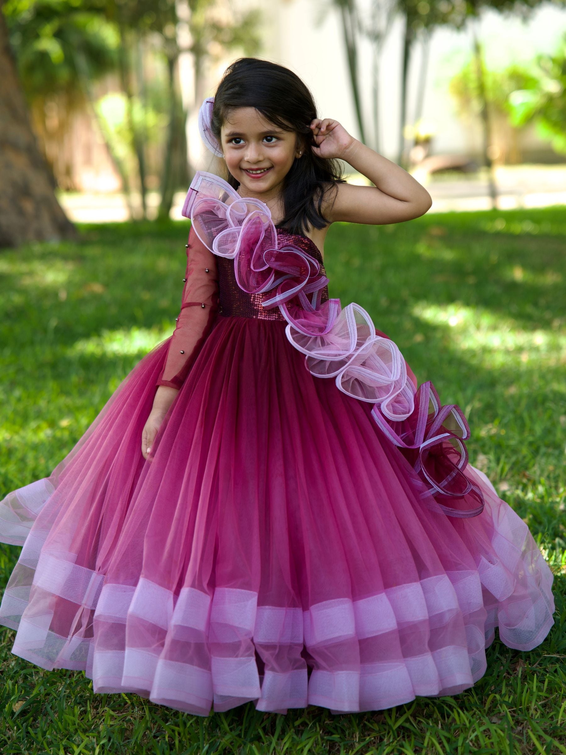 WINE OMBRE BALL GOWN WITH ONESIDE RUFFLE