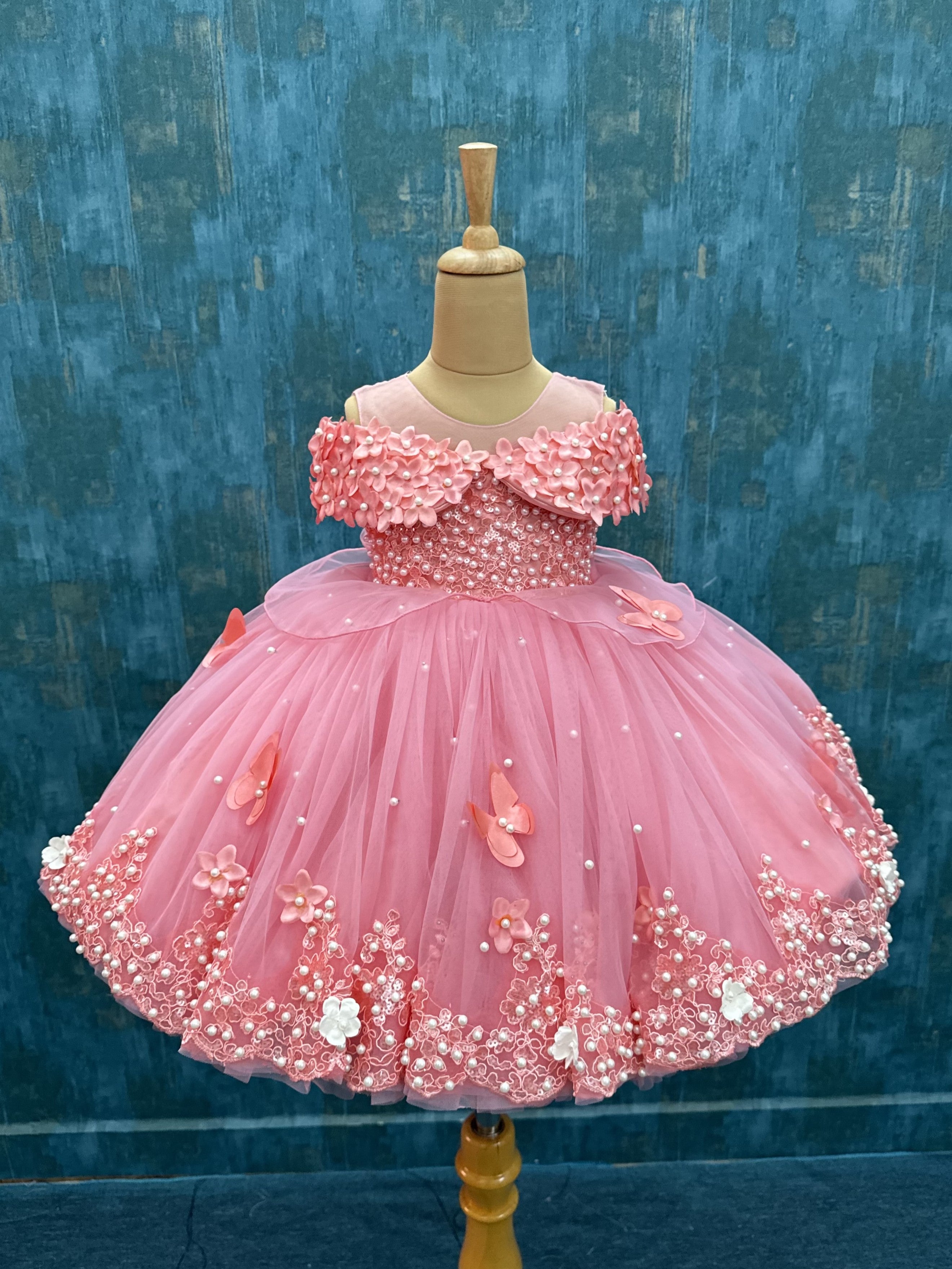 Pinkish Peach Lace and pearl Ball Gown