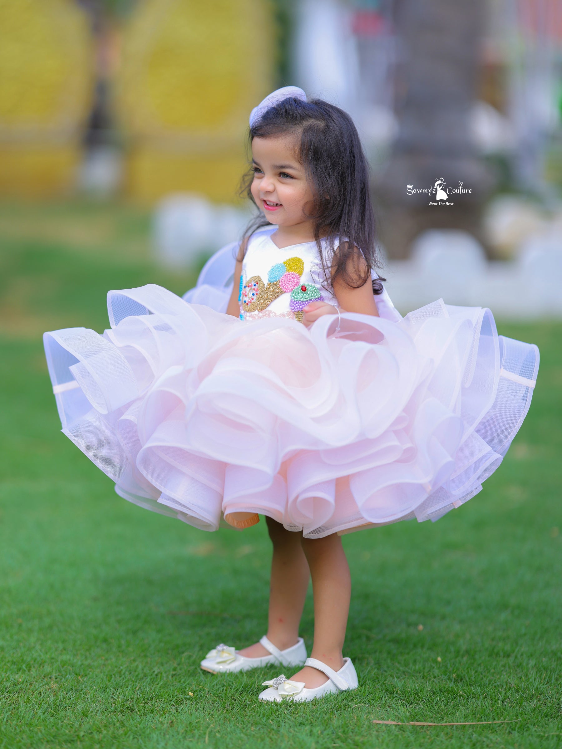 Peach and White Candy Theme Ruffle Knee Length Gown