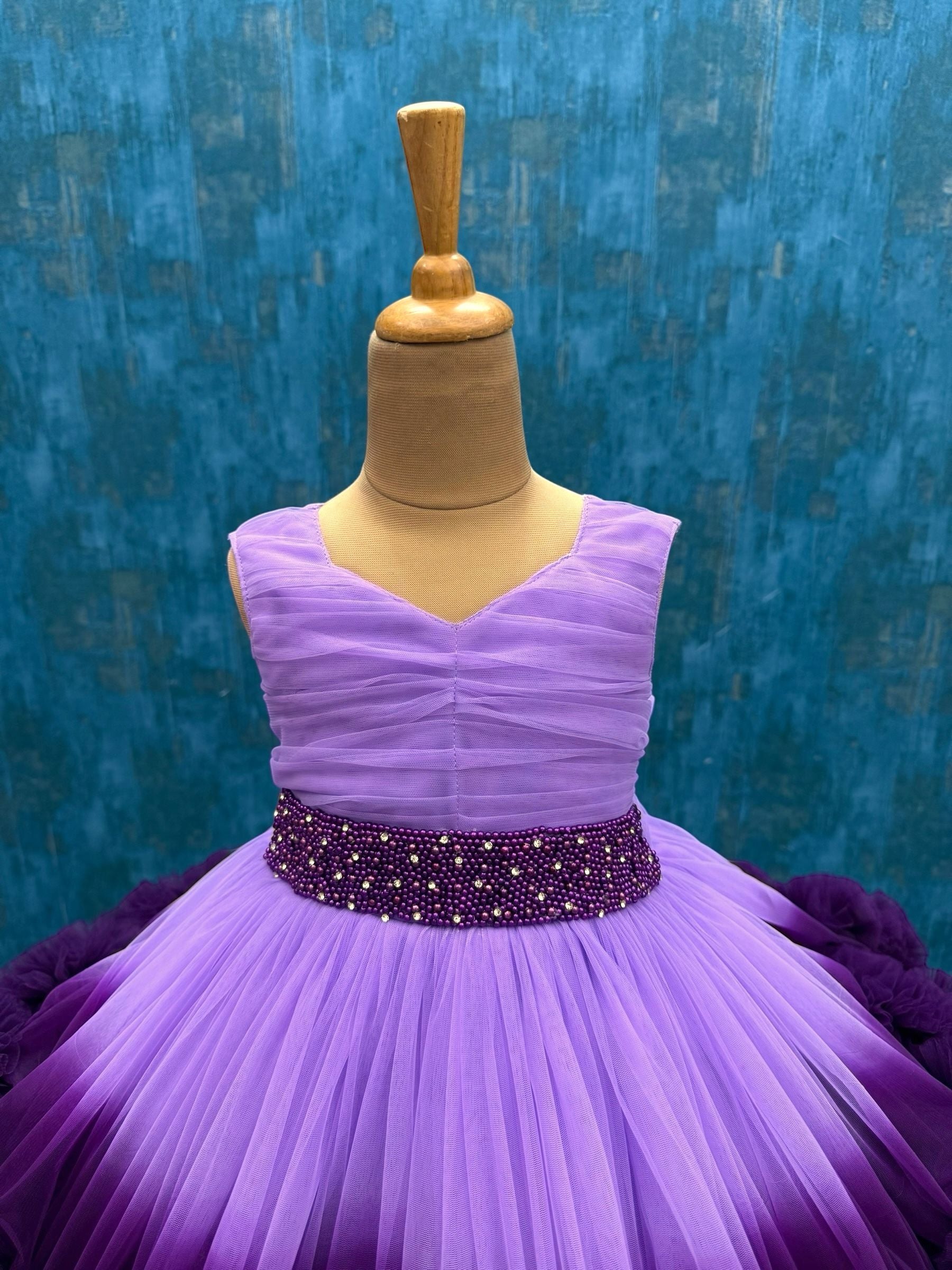 Lavender and purple double Shade couture gown with hand crafted waist belt
