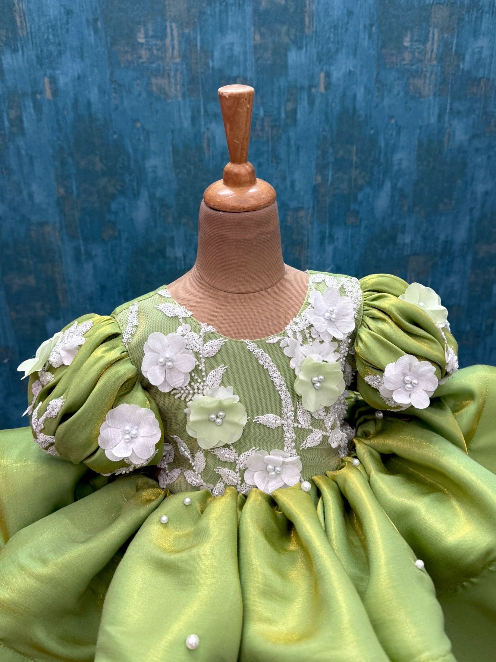 Floral green layer gown with puff sleeves