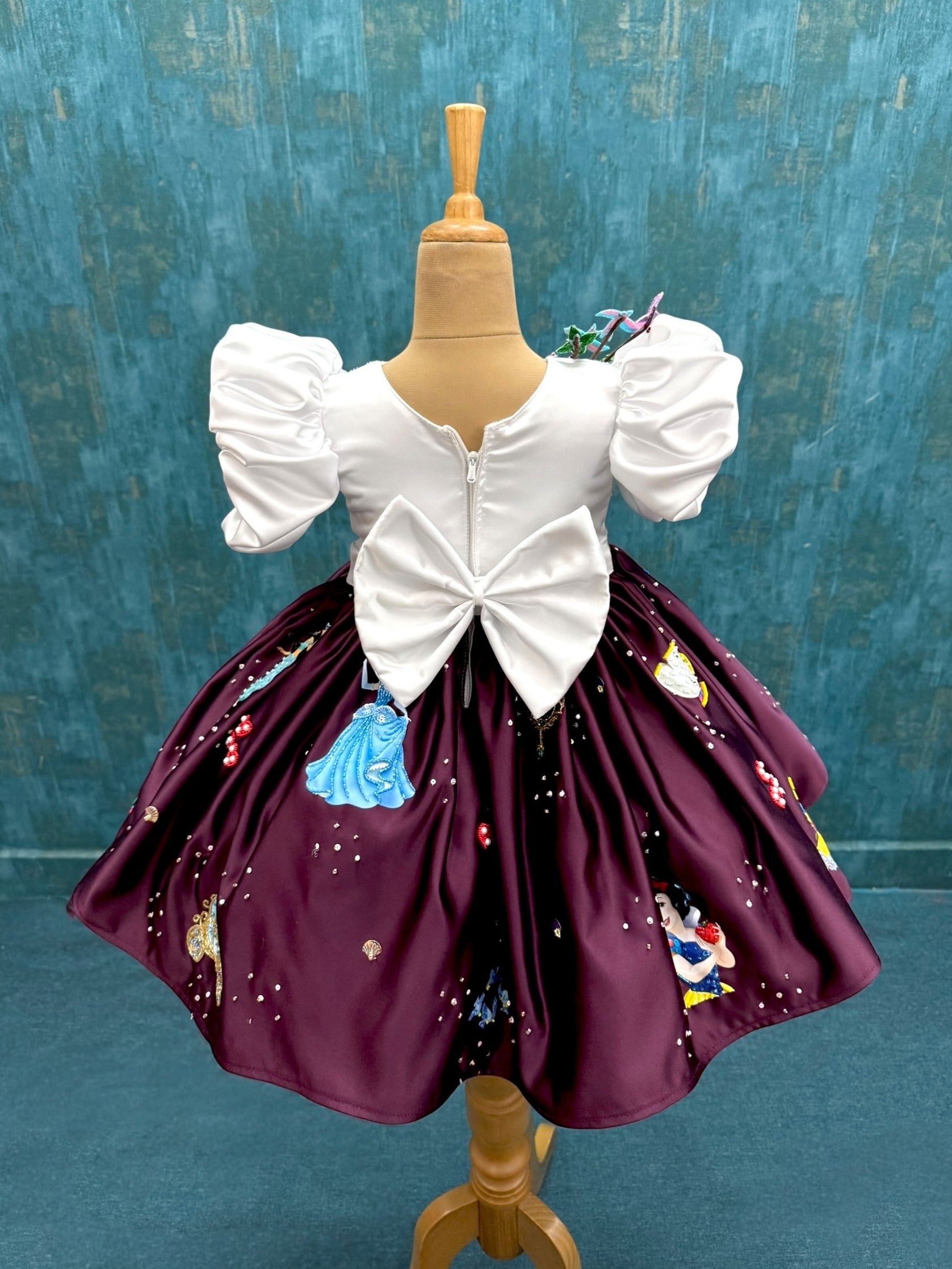 WHITE AND WINE DISNEY BALL GOWN WITH HAND EMBROIDERED CHARACTERS