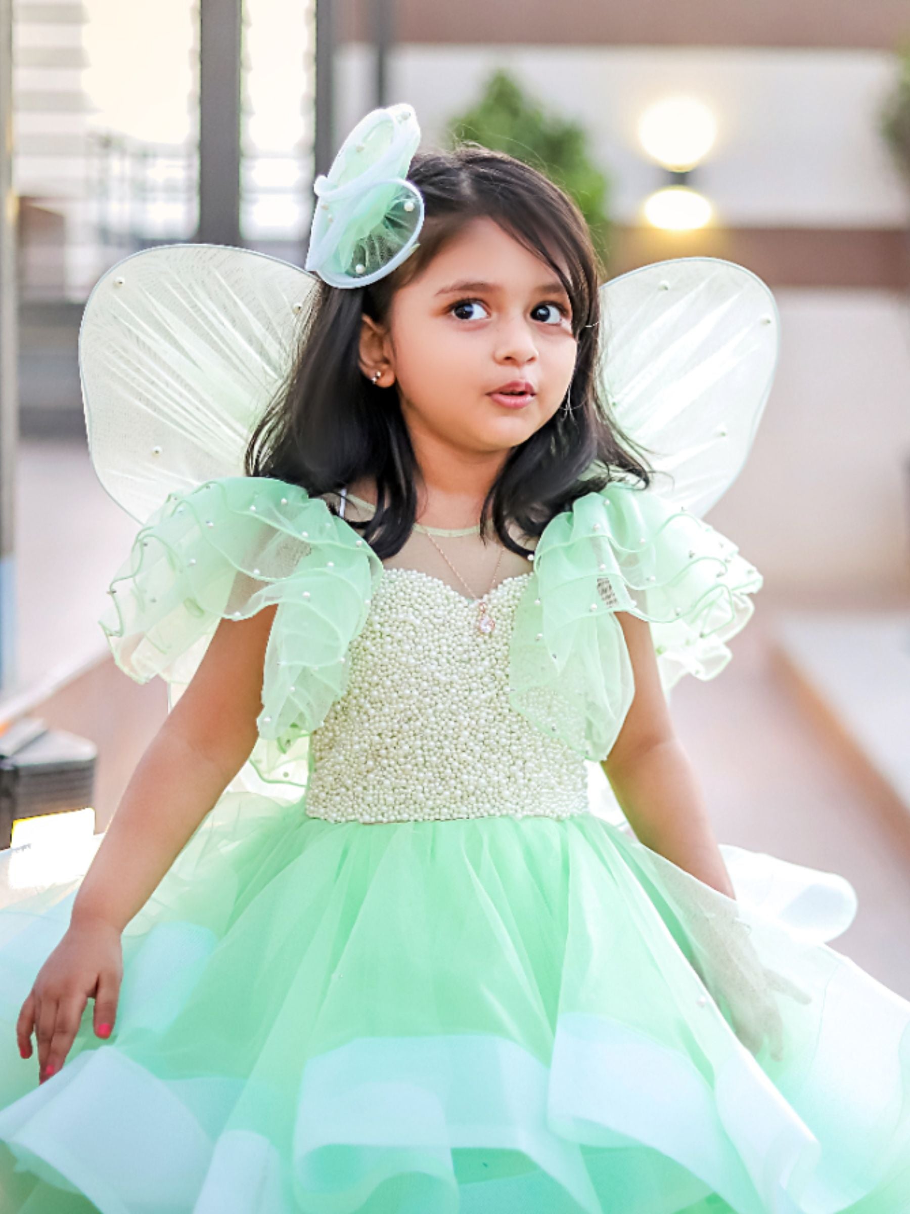 Enchanted Mint – Fairy ruffle Ball Gown With Wings