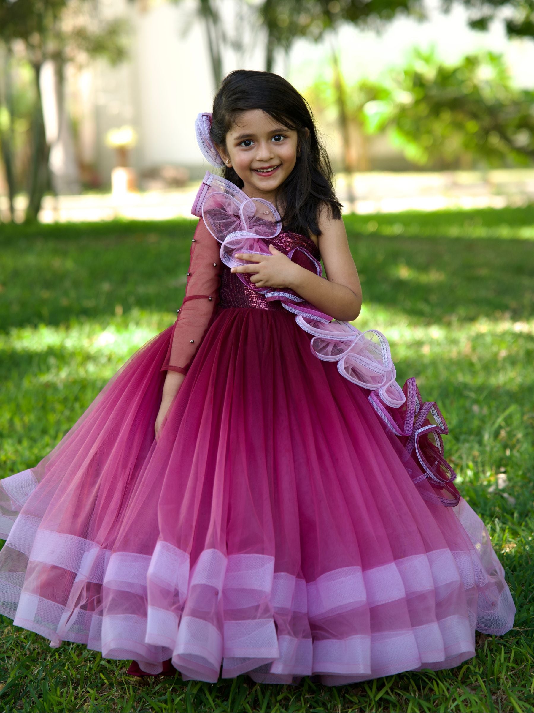 WINE OMBRE BALL GOWN WITH ONESIDE RUFFLE