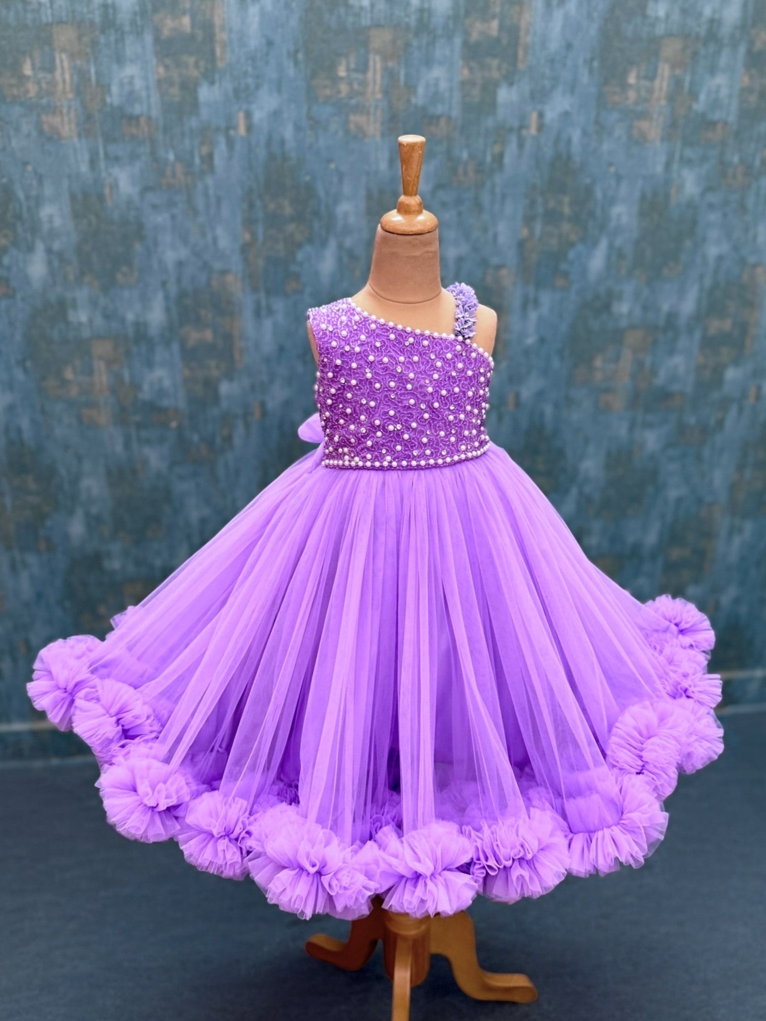 Pearl and crystal handcrafted Lavender Ruffle Princess Gown