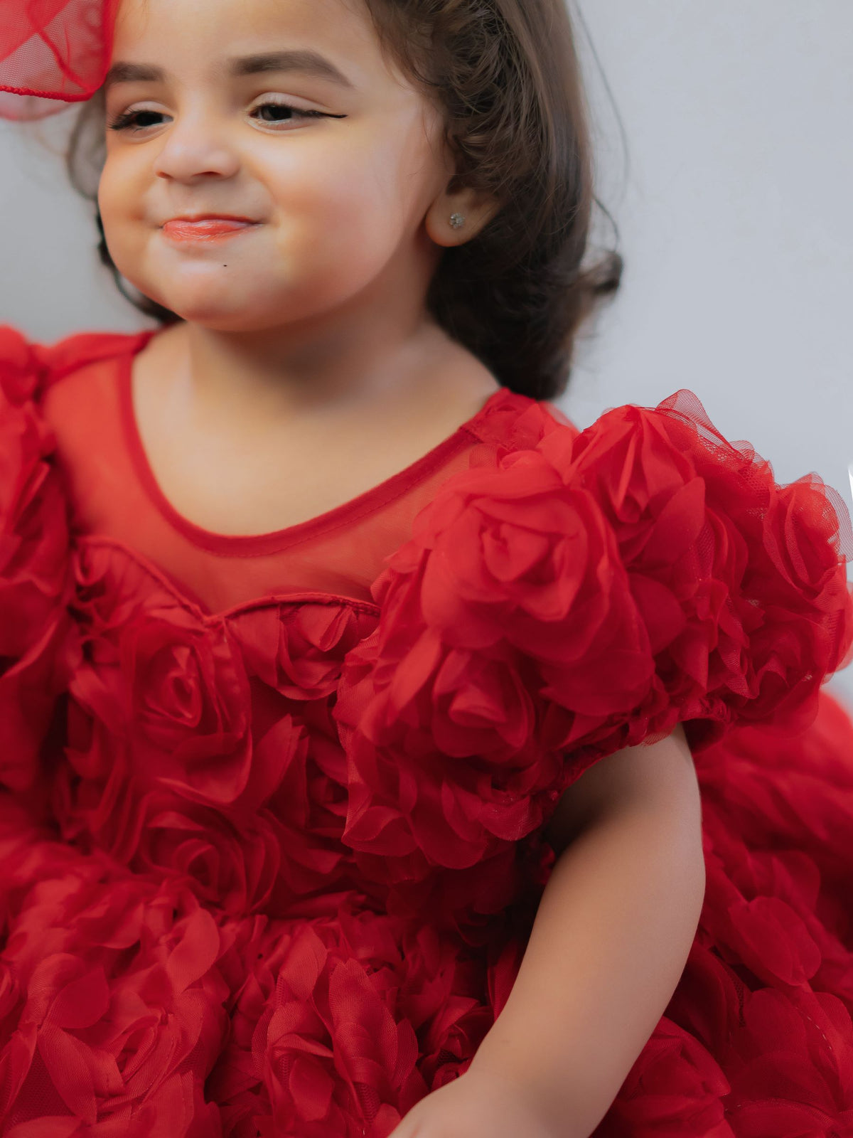 Ruby Micro-Rosette Couture Puff-Sleeve Gown