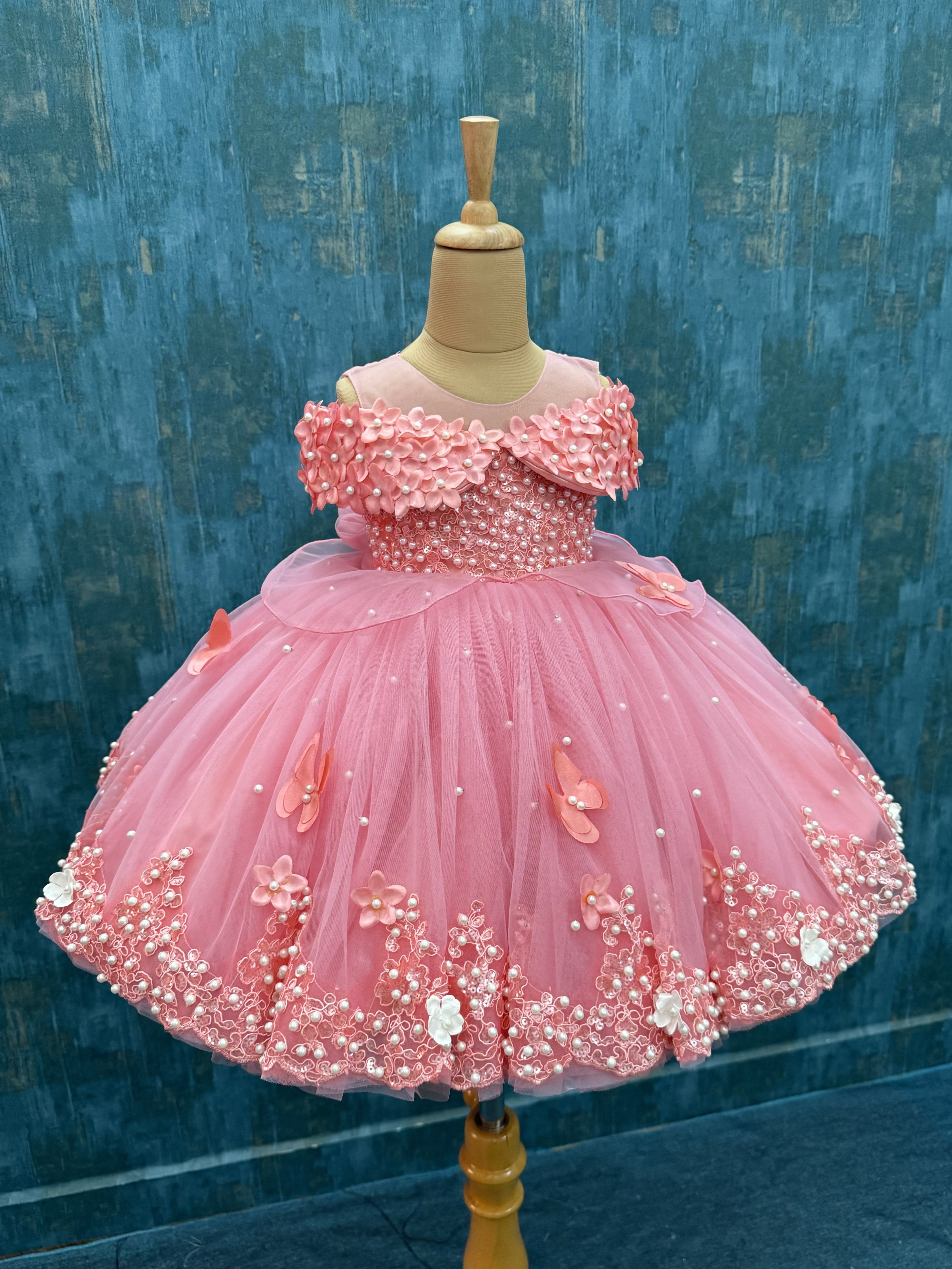 Pinkish Peach Lace and pearl Ball Gown