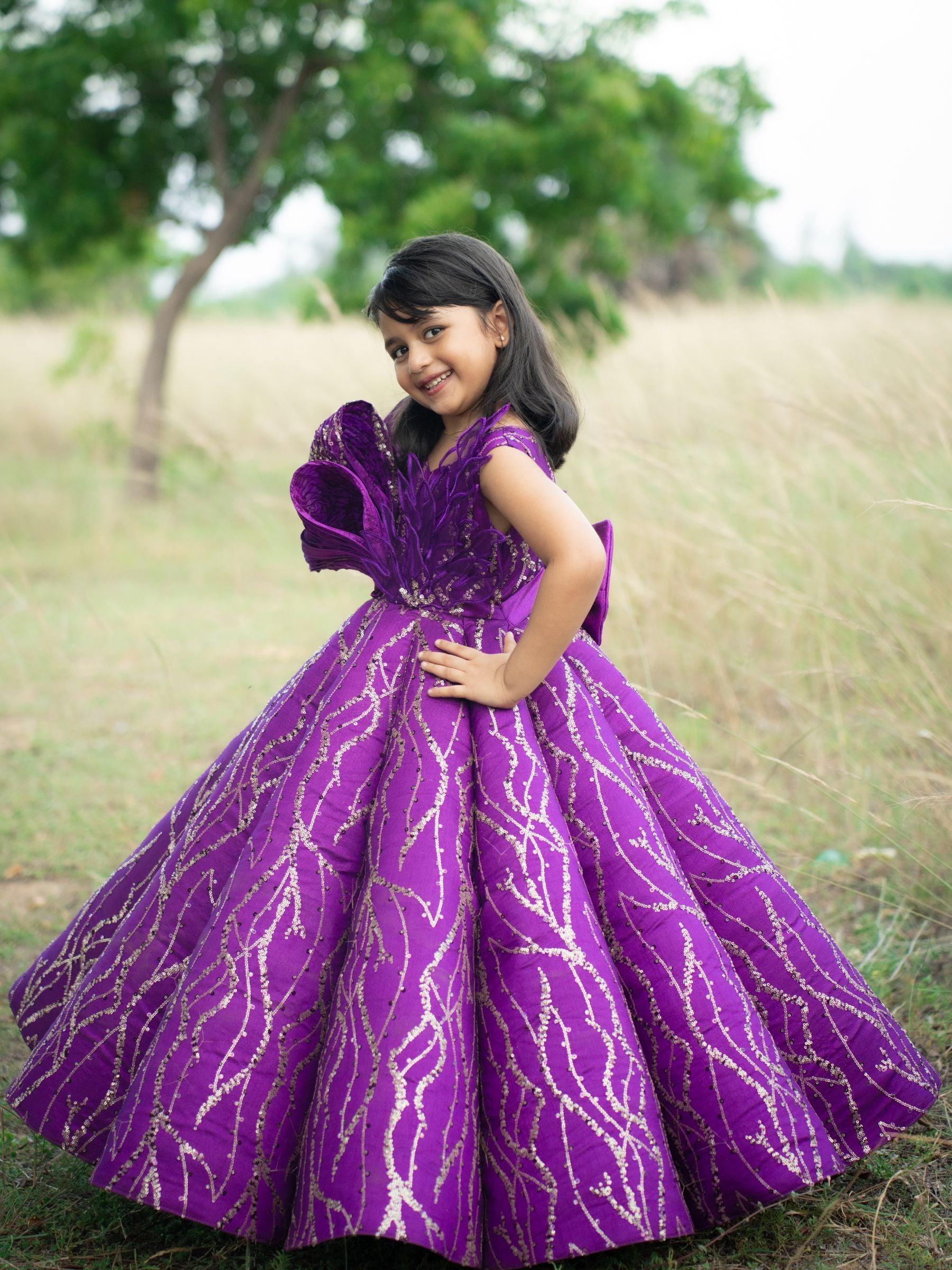 Purple Structured Panel Ball Gown with Embossing Bows and Hand Embroidered Petals