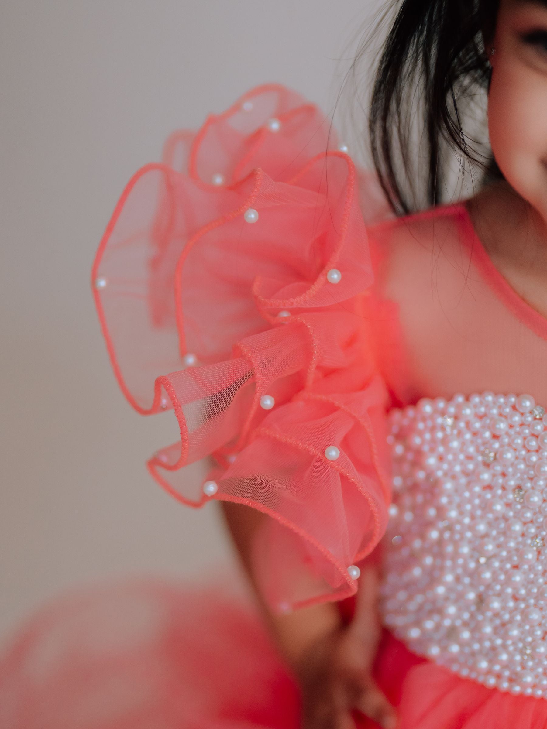 Ruffle Ball Gown With Pearl Hand Embroidered Bodice