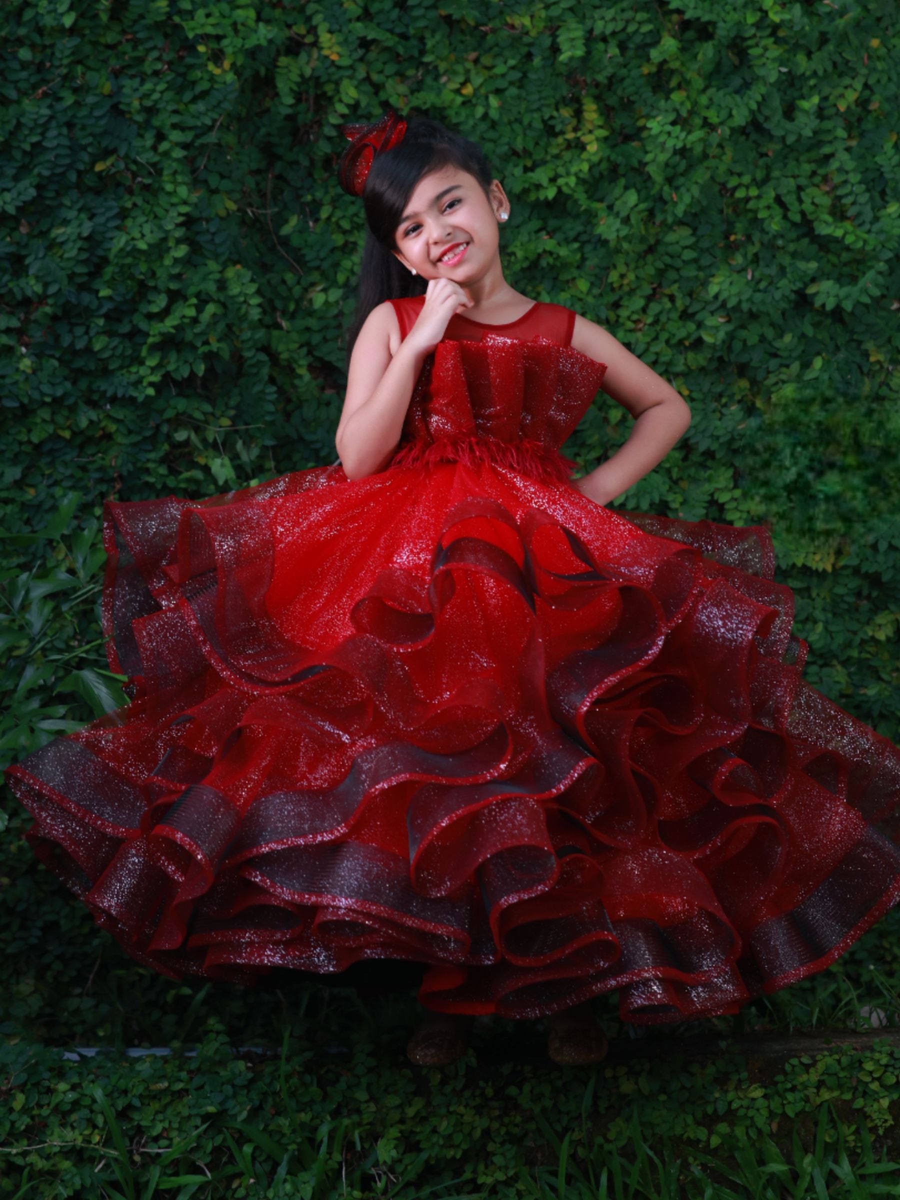 Glitter red ruffle ball gown with embossing top