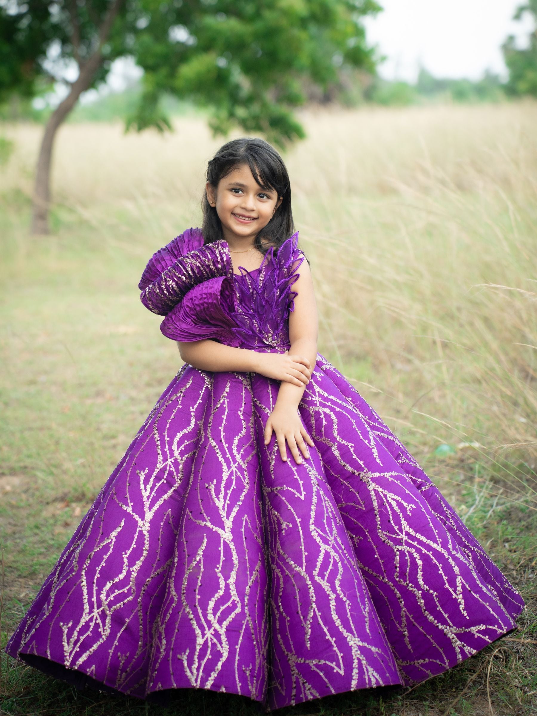 Purple Structured Panel Ball Gown with Embossing Bows and Hand Embroidered Petals