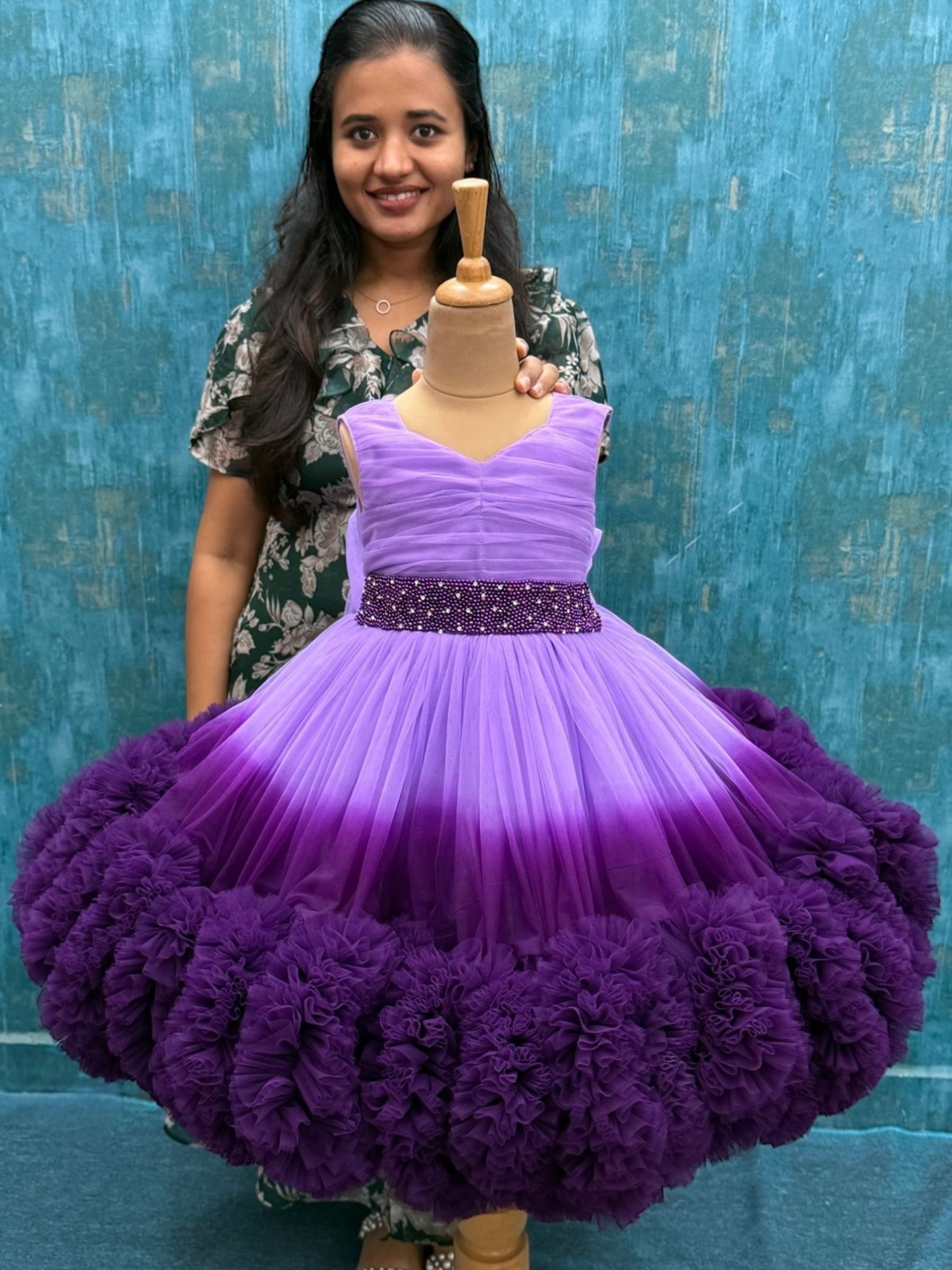 Lavender and purple double Shade couture gown with hand crafted waist belt