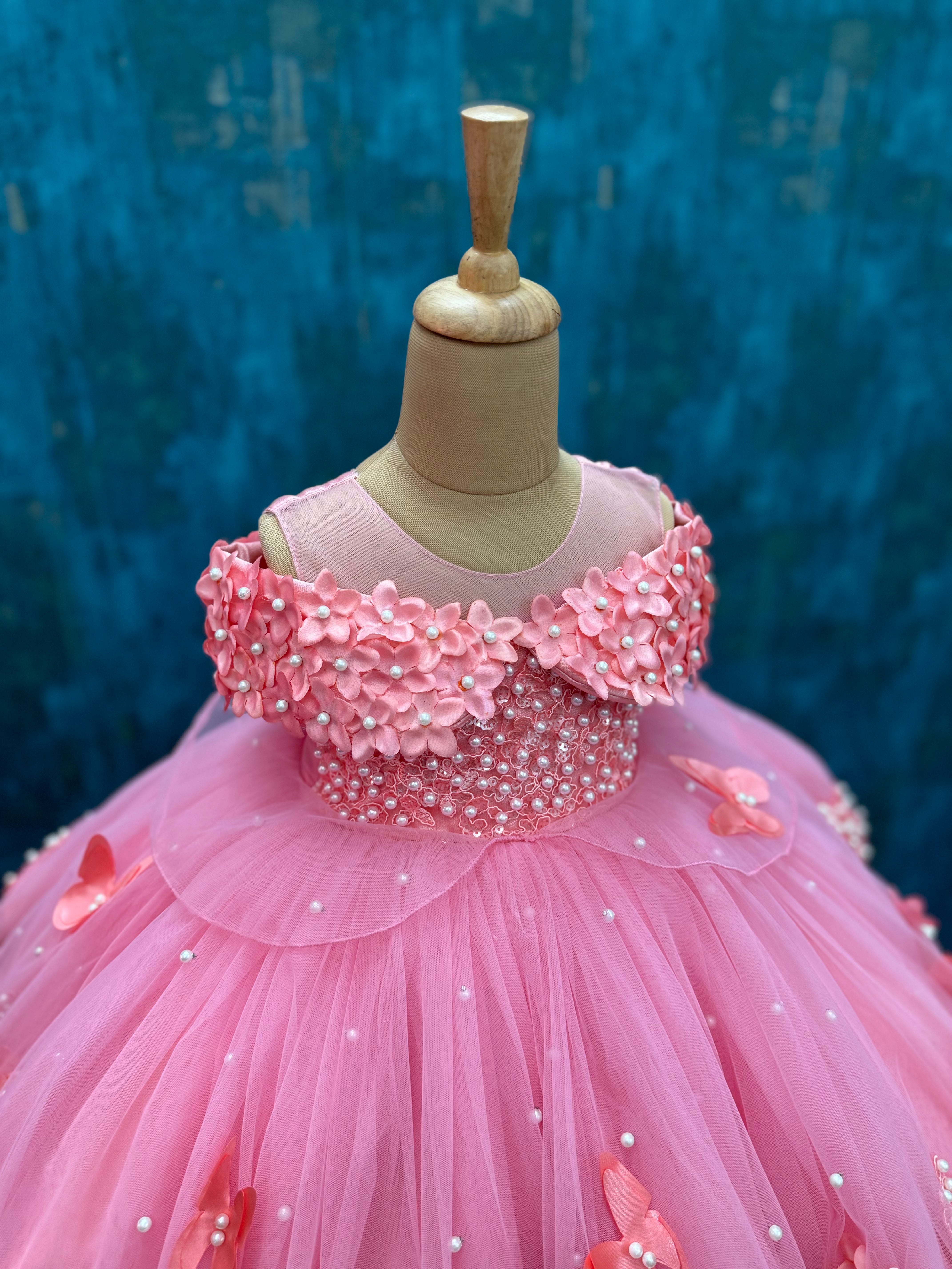 Pinkish Peach Lace and pearl Ball Gown