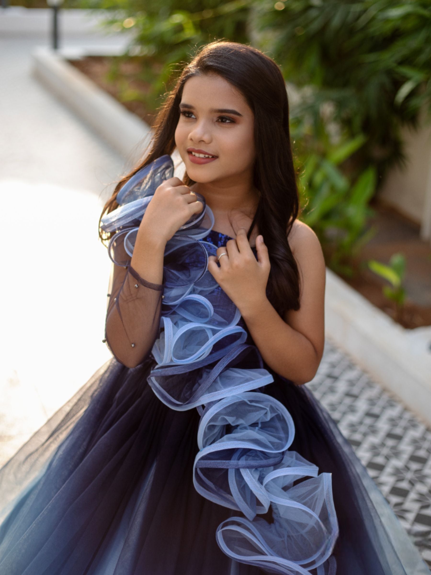 BLUE OMBRE BALL GOWN WITH ONESIDE RUFFLE