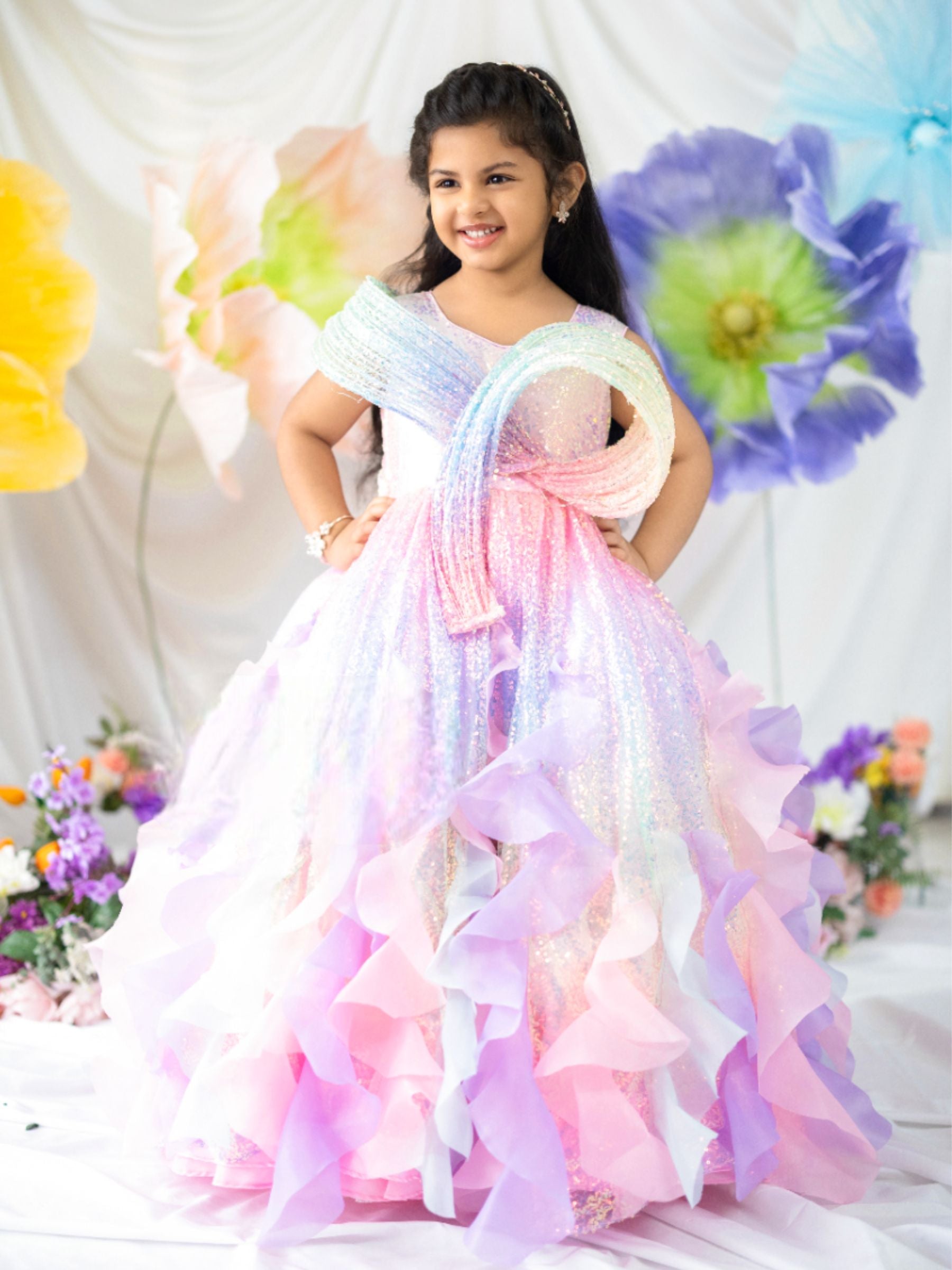 Multi colour sequence fairy ball gown with structured top