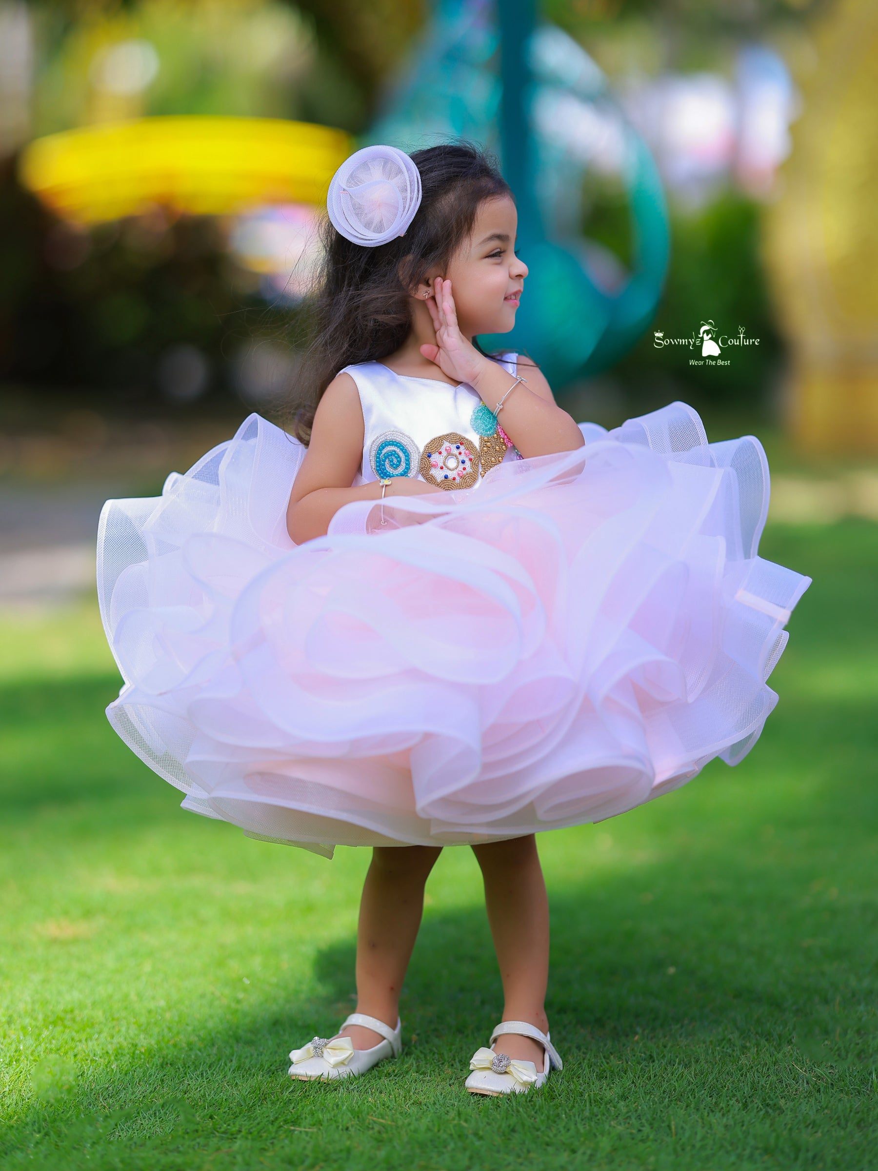 Peach and White Candy Theme Ruffle Knee Length Gown