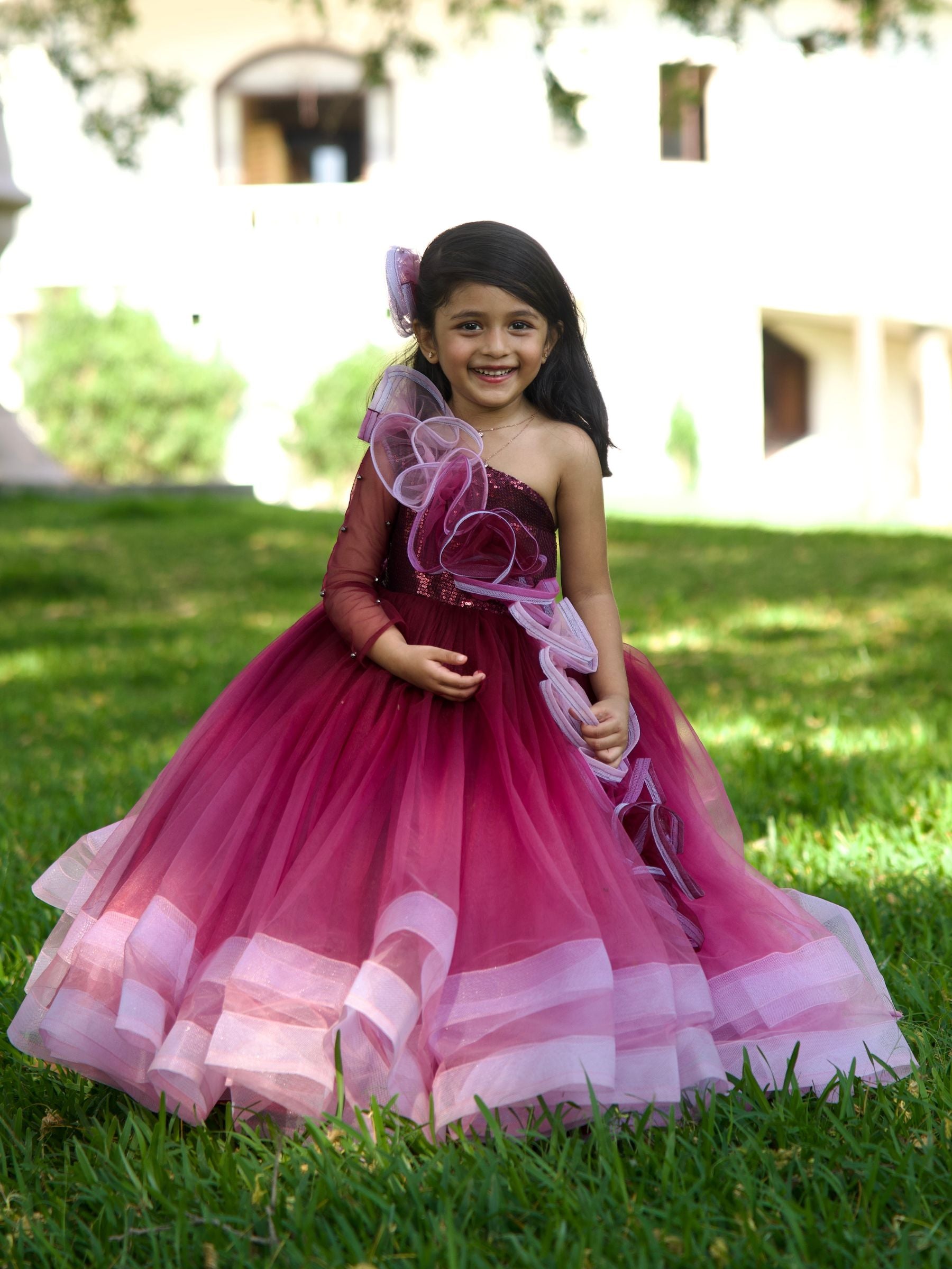WINE OMBRE BALL GOWN WITH ONESIDE RUFFLE