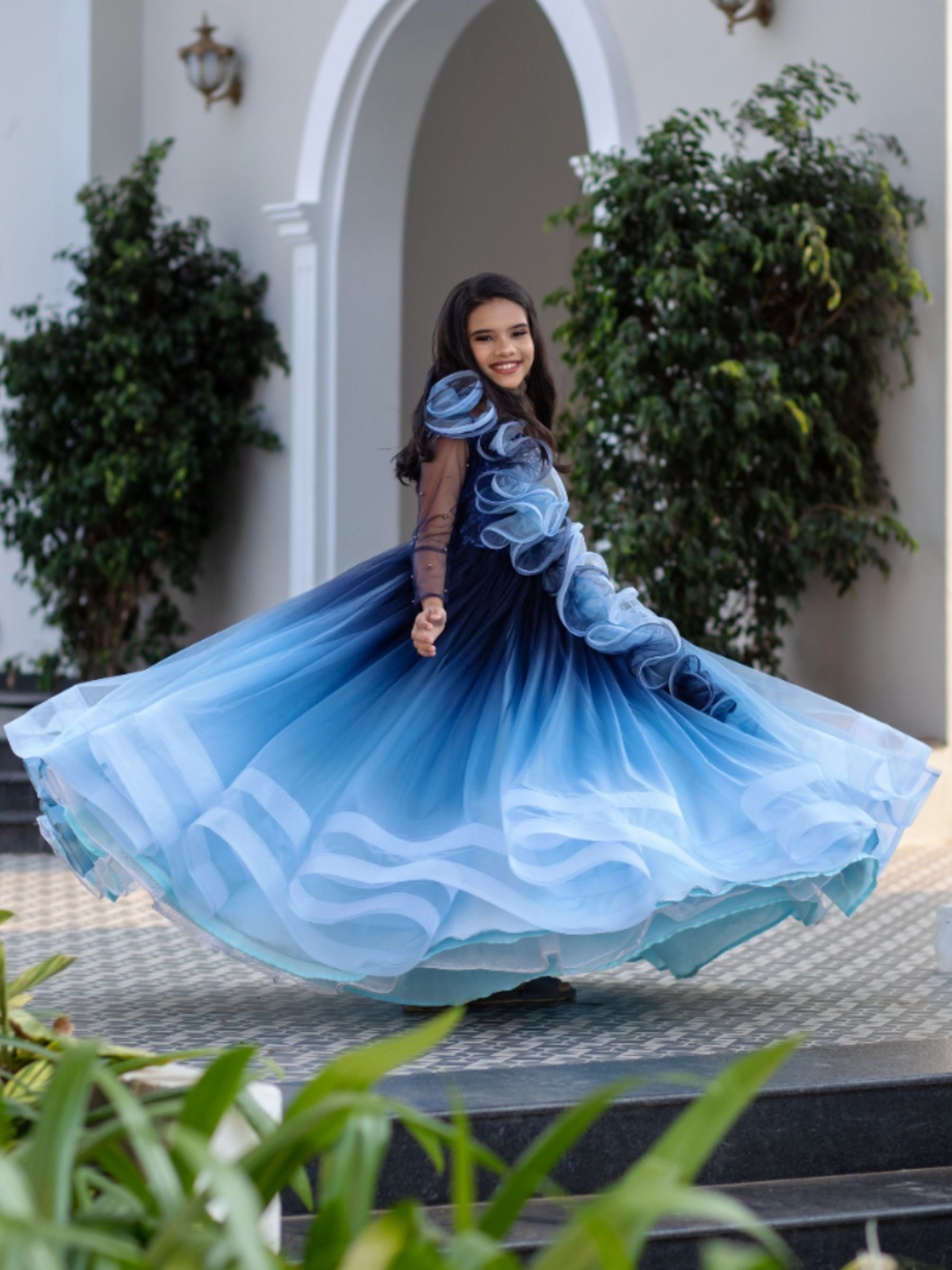 BLUE OMBRE BALL GOWN WITH ONESIDE RUFFLE