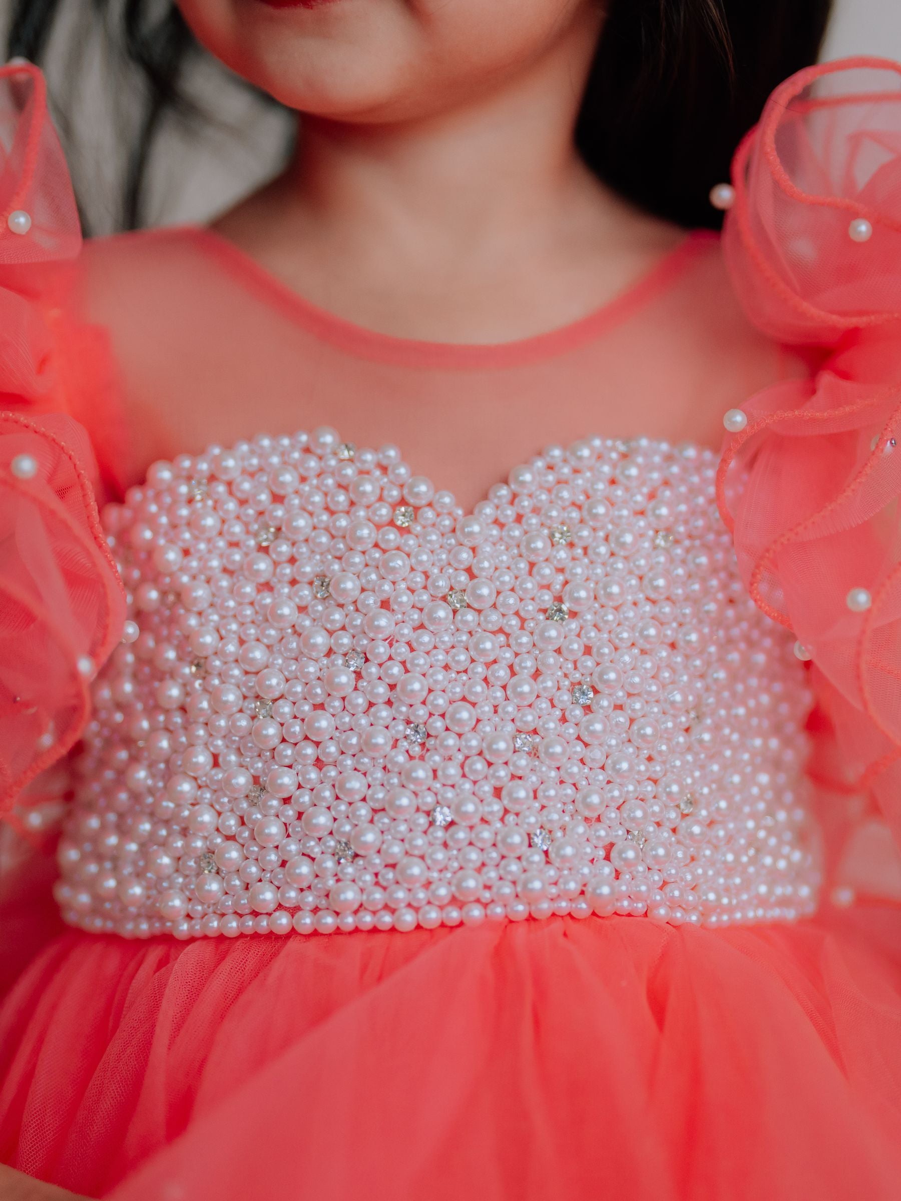 Ruffle Ball Gown With Pearl Hand Embroidered Bodice