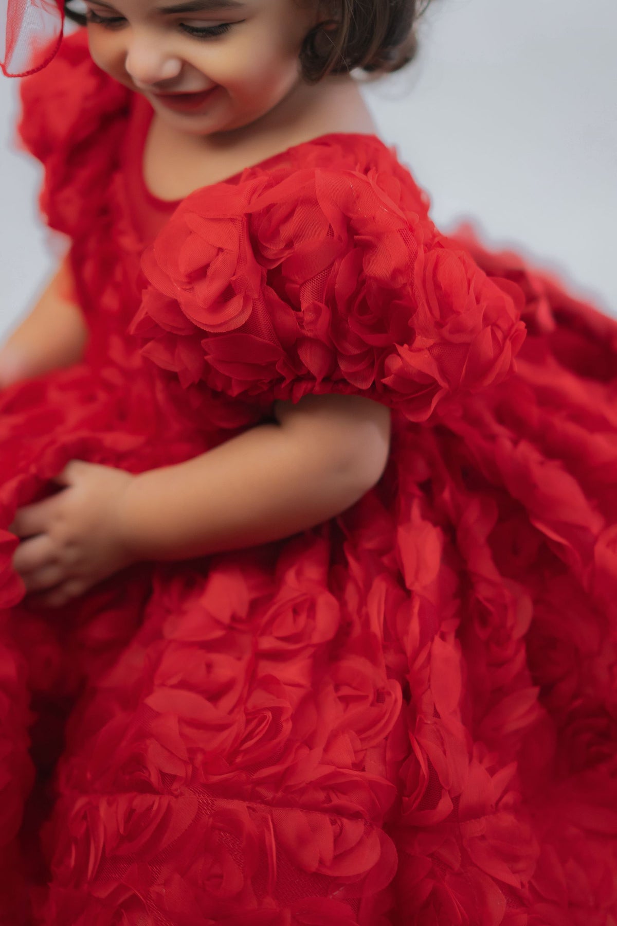 Ruby Micro-Rosette Couture Puff-Sleeve Gown