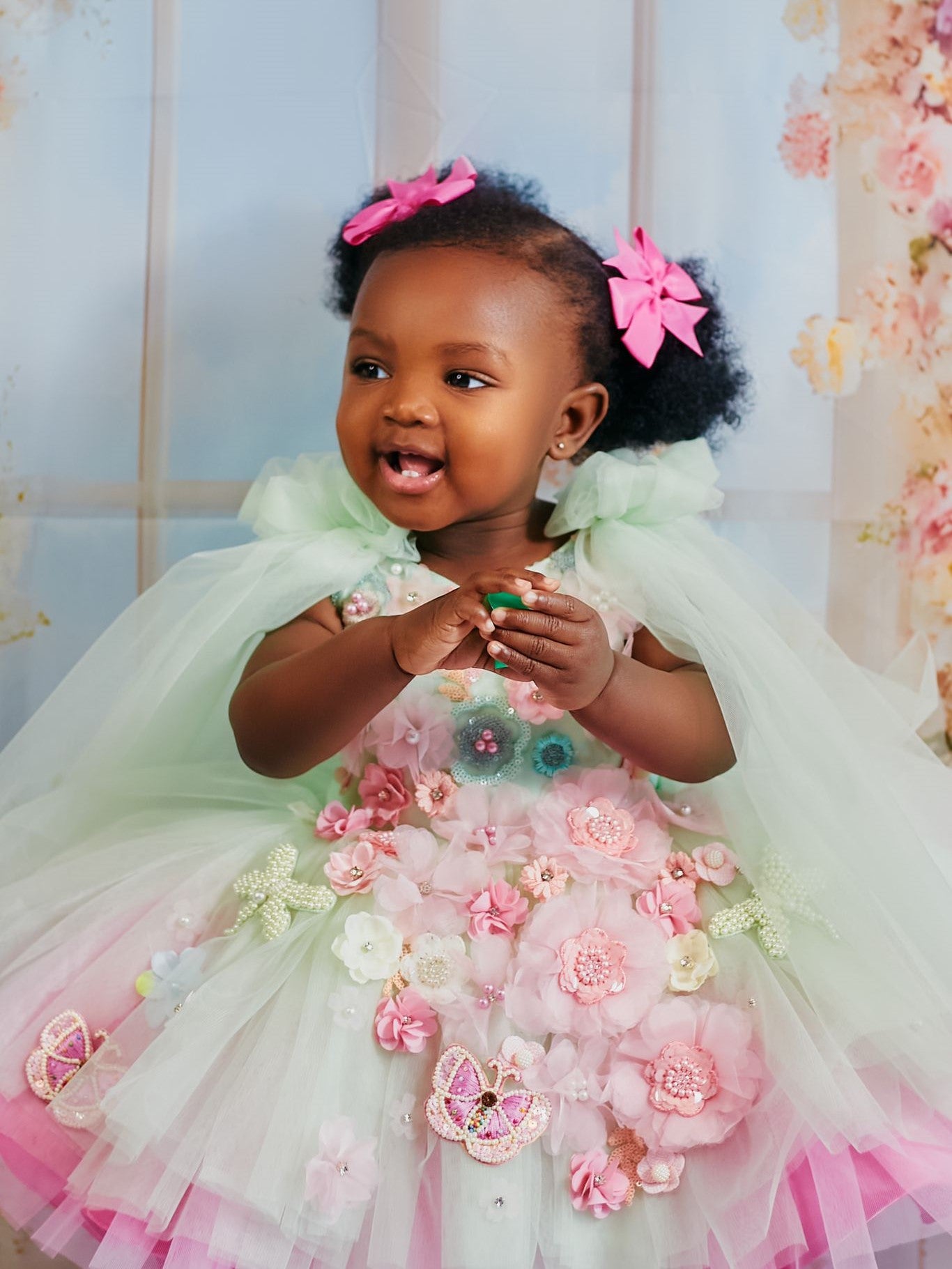 PINK AND GREEN FLORAL HALF LENGTH GOWN